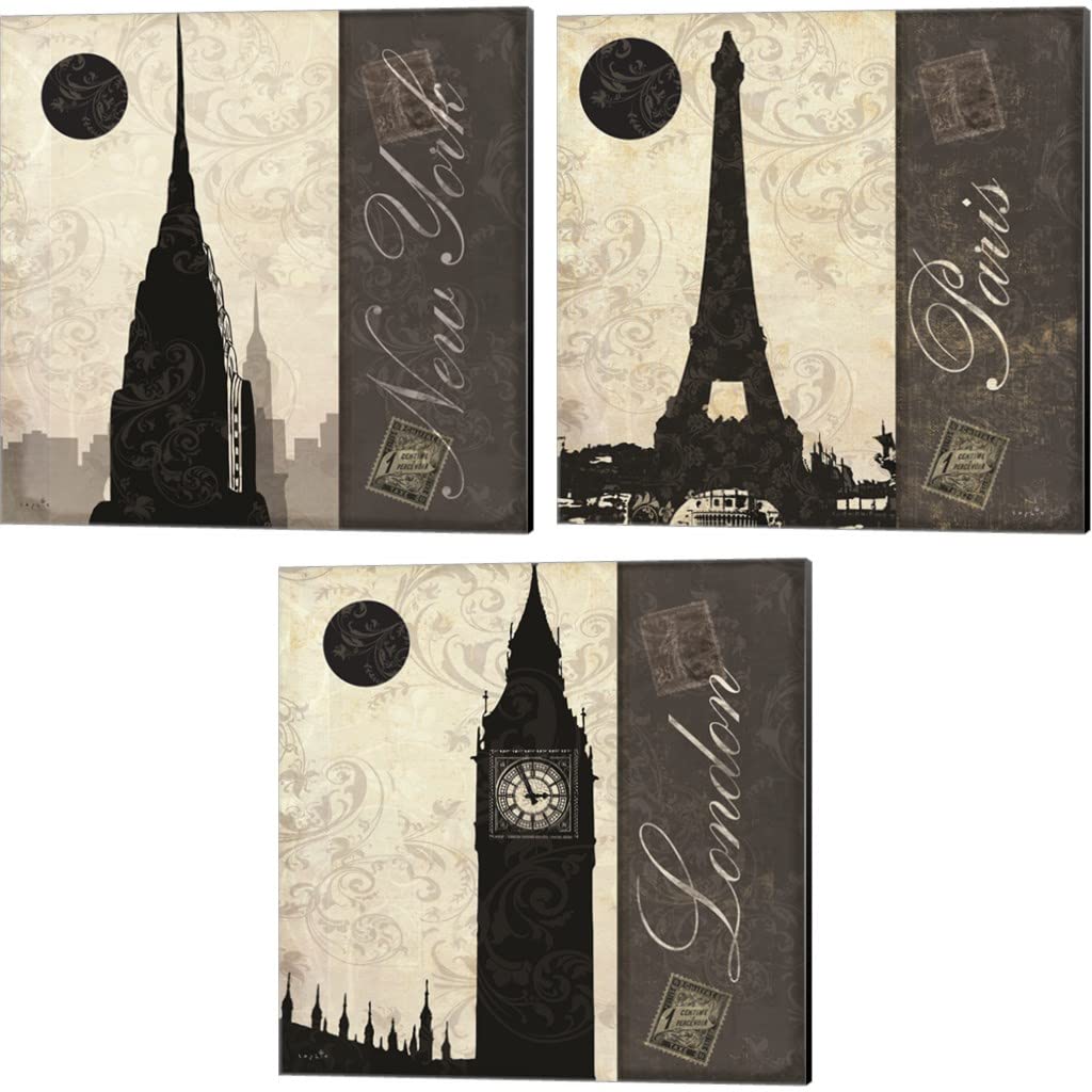 Sophie 6 New York City, Paris & London Moon 3-Piece Canvas Art Set - 14x14 Inches Each, Cityscape Wall Decor for Living Room, Bedroom & Office