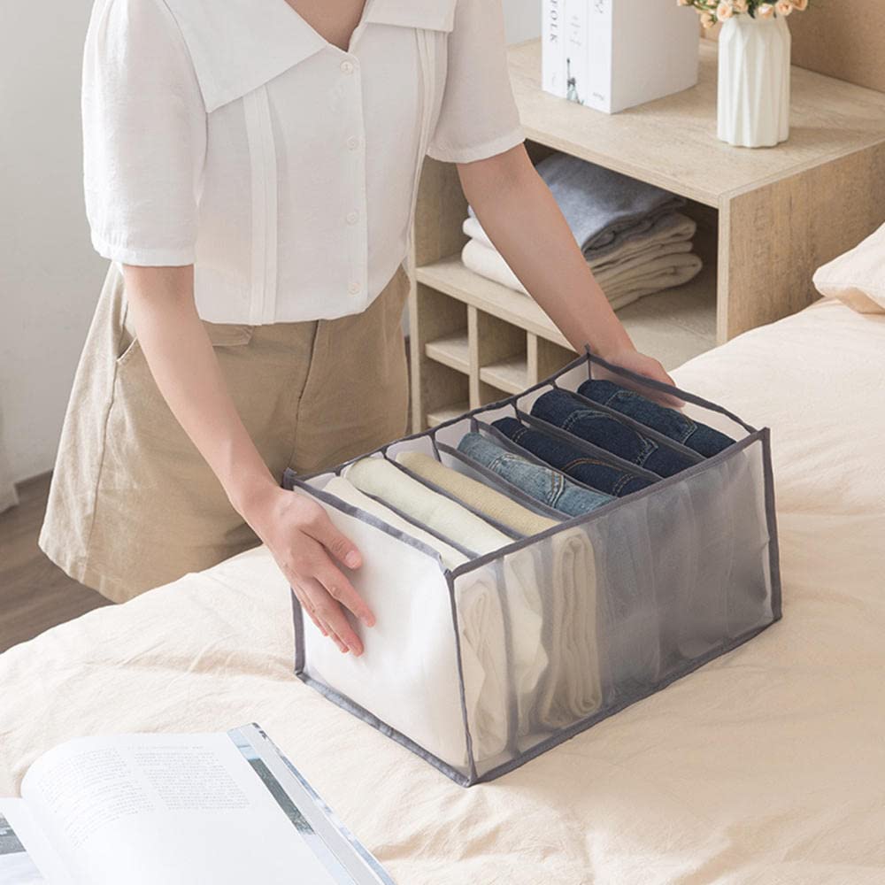 7 Grids Washable Wardrobe Clothes Organizer - Foldable Jeans Storage Divider - Mesh Closet Drawer Organizer with Visible Compartments (Gray) - Perfect for T-Shirts, Pants & Sweaters Organization