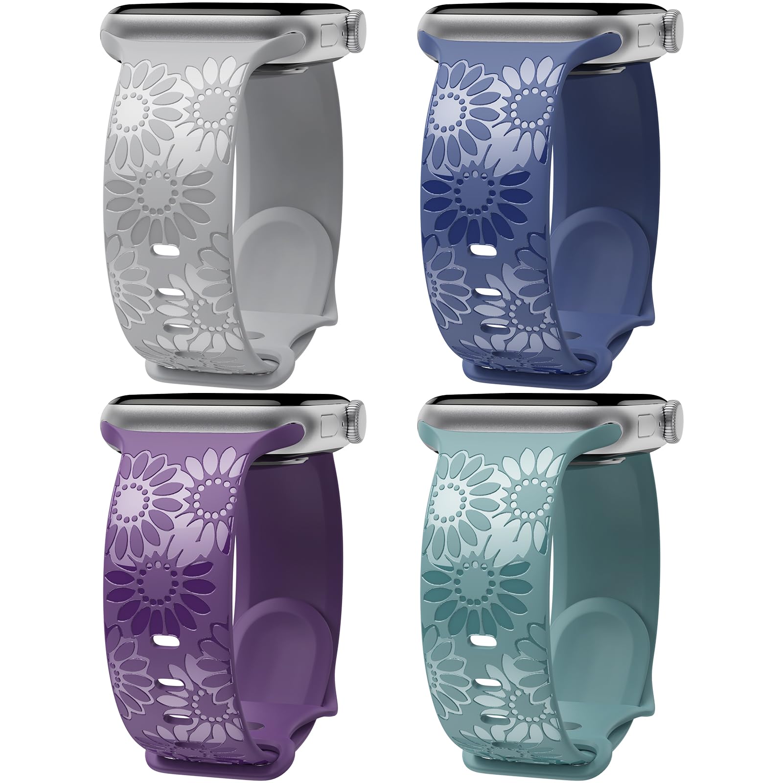 4 Pack Sunflower Engraved Apple Watch Bands - Compatible with 38mm 40mm 41mm 42mm 44mm 45mm 49mm iWatch Series Ultra/8/7/6/SE/5/4/3/2/1 - Soft Silicone Glossy Floral Strap for Women - Perfect for Workouts, Daily Wear & Fashion Accessories
