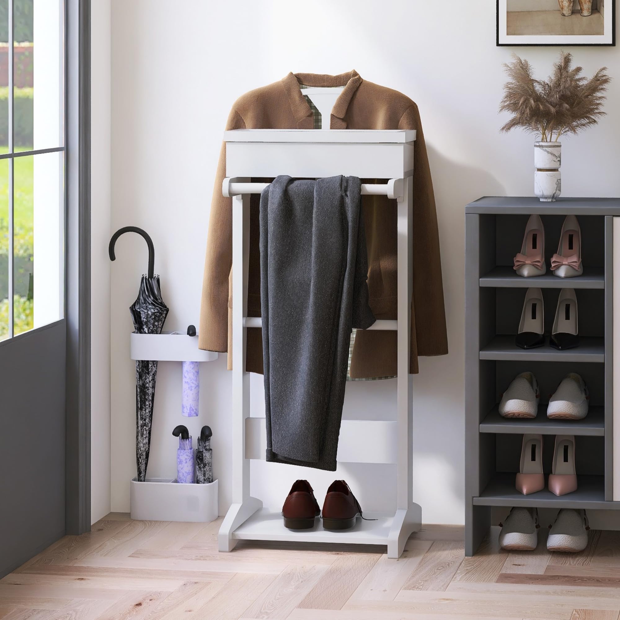 Premium Valet Stand for Men - White Wooden Suit Stand with Top Tray & Shoe Rack - Entryway Organizer for Office, Living Room & Bedroom - 17