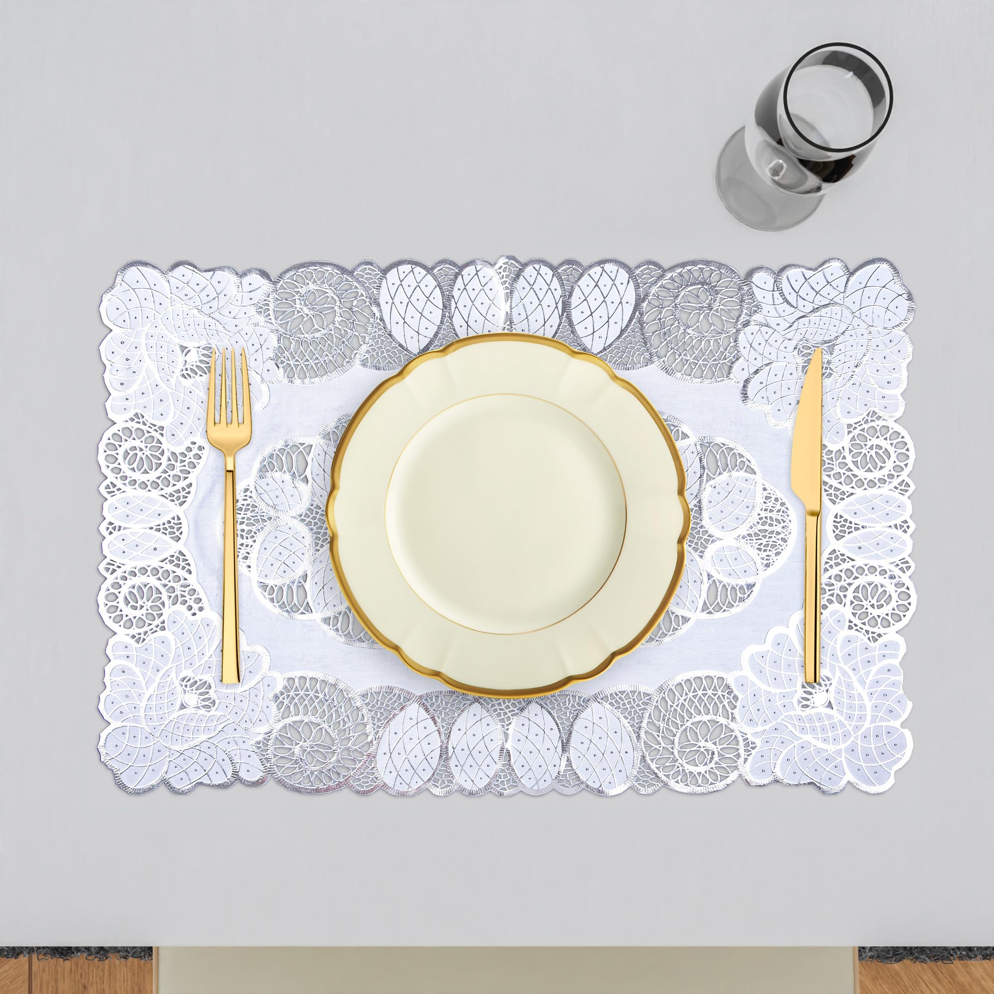 Premium Kuber Industries Placemat Set - 4-Piece Silver Dining Table Mats (14x20 Inches) for Elegant Kitchen & Dining Room Decor | Perfect for Everyday Meals, Dinner Parties & Holiday Gatherings