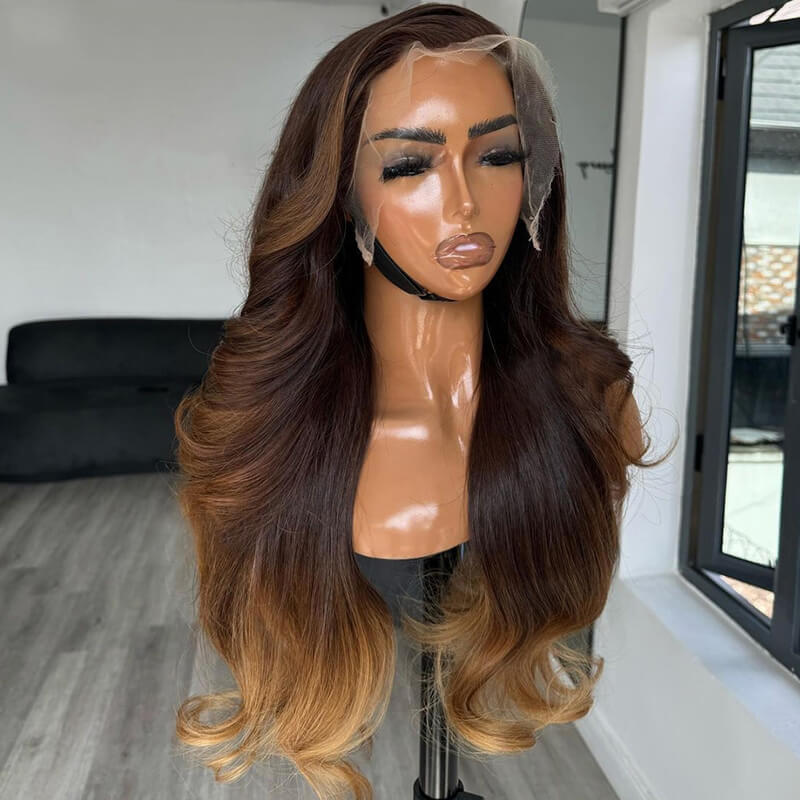 Eullair Skunk Stripe Brown with Honey Blonde Highlights Lace Front Human Hair Wig - Body Wave Curling Iron Styled Lace Wig for Black Women (EW013) - Perfect for Daily Wear, Parties & Special Occasions