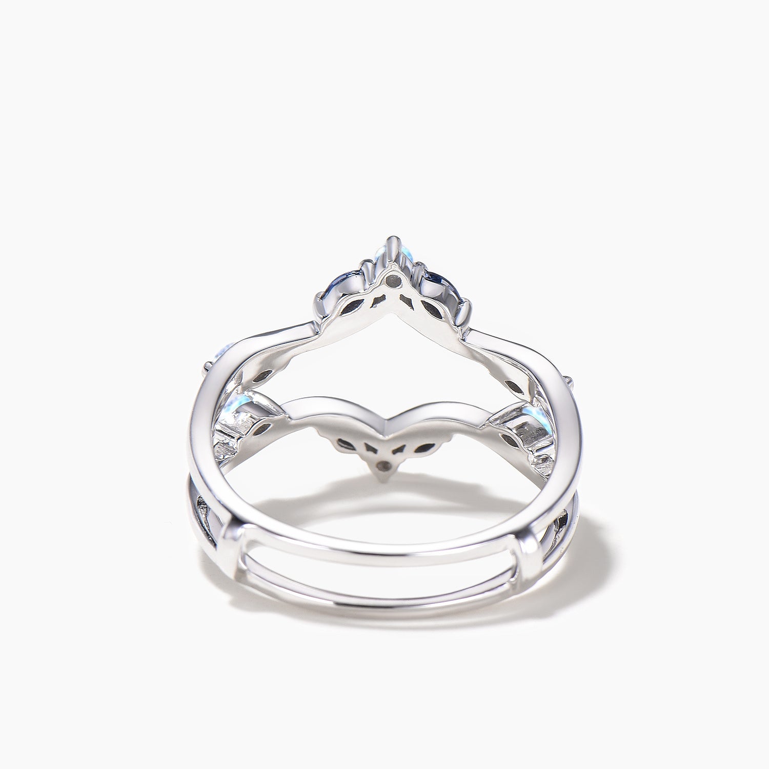 Exquisite Marquise Cut Sapphire & Round Moonstone White Gold Wedding Band Enhancer Ring - Perfect for Bridal Jewelry, Anniversary Gifts & Special Occasions
