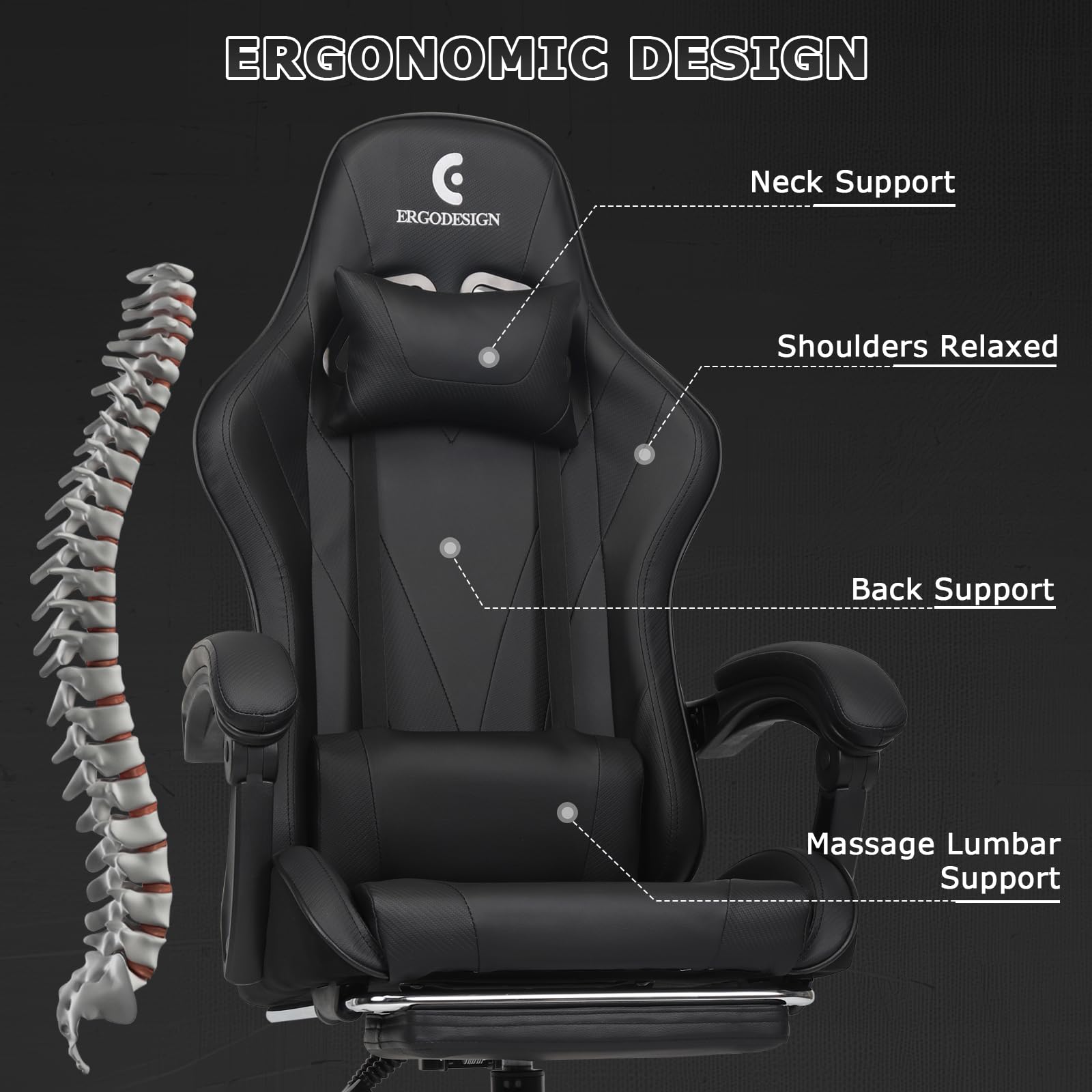 Ergonomic Gaming Chair with Adjustable Linkage Armrest & Footrest - High Back Computer Chair for PC & Console Gamers - Black - Perfect for Esports, Streaming & Office Work