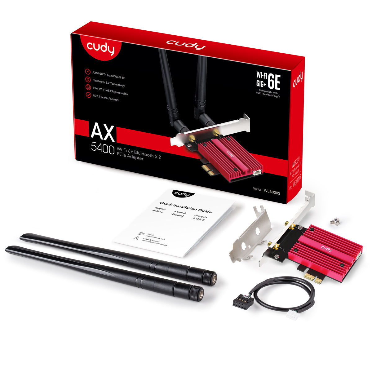 Cudy WE3000S AX5400 Tri-Band WiFi 6 PCIe Adapter with Bluetooth 5.3 for Gaming & 4K Streaming - High-Speed Wireless Network Card for PC Desktop & Laptop