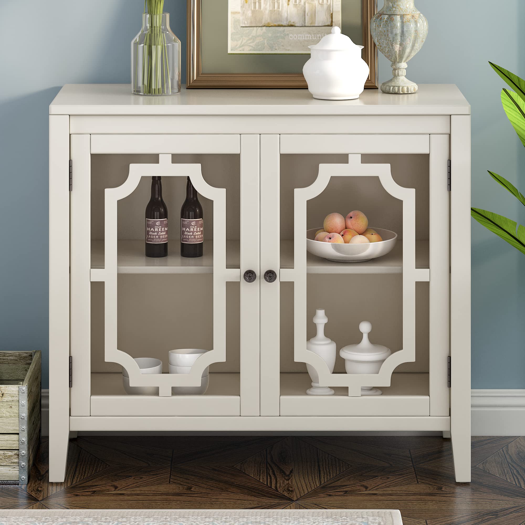 Vintage White Wood Buffet Sideboard Storage Cabinet with Fretwork Doors & Adjustable Shelf - Multi-Functional Accent Cabinet for Entryway, Living Room, Kitchen & Dining Room - Perfect as Sofa Table, Console Table or Kitchen Buffet Storage
