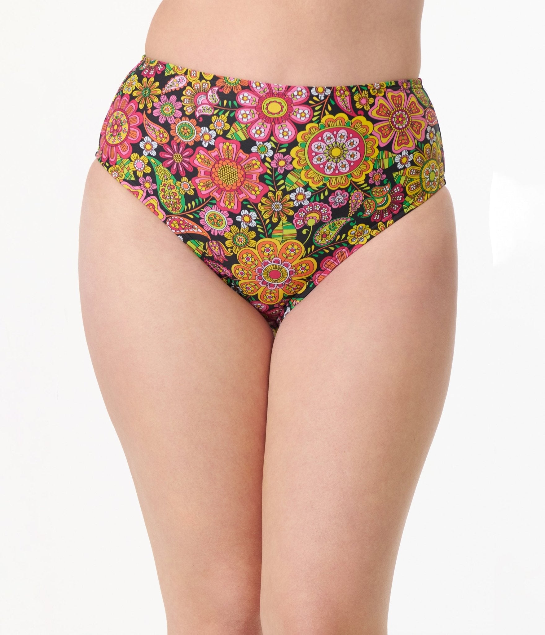 Vintage 1960s Kaleidoscope Floral Daphne Swim Bottoms - Retro High Waisted Bikini Bottoms for Women, Beach Vacation & Pool Party Swimwear