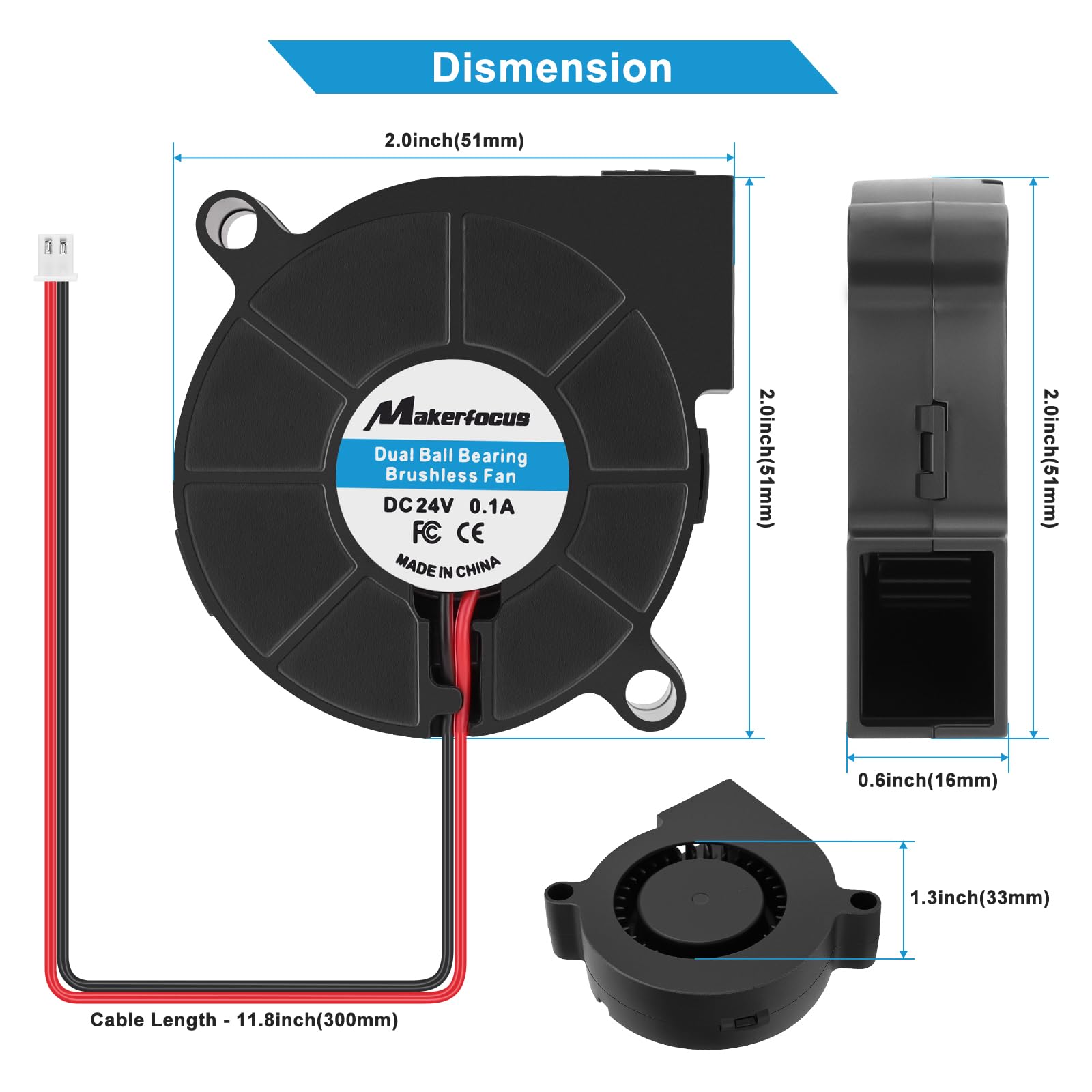 MakerFocus 4pcs 50mm 5015 Blower Fan 24V - High Speed Brushless Cooling Fan with Dual Ball Bearings for 3D Printers, CNC Machines, Electronics Cooling & Small Appliance Repair - Ultra Quiet Turbine Blower (50x50x15mm)