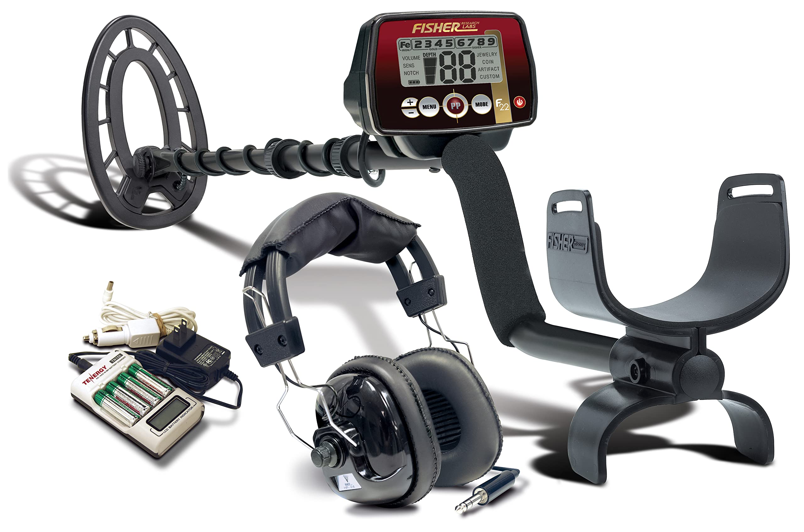 Fisher F22 Weatherproof Metal Detector with Stereo Headphones - 4-Bay AA/AAA NiMH LCD Battery Charger & Batteries Included - Perfect for Beach Hunting, Treasure Hunting & Outdoor Adventures