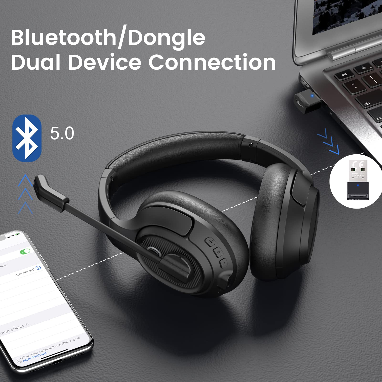 EKSA Wireless Bluetooth Headset with Microphone & USB Dongle - 30H Talk Time, 33ft Range, AI Noise Cancelling Mic - Over-Ear Headphones for PC, Laptop, Zoom Calls - Perfect for Home Office, Remote Work & Online Meetings