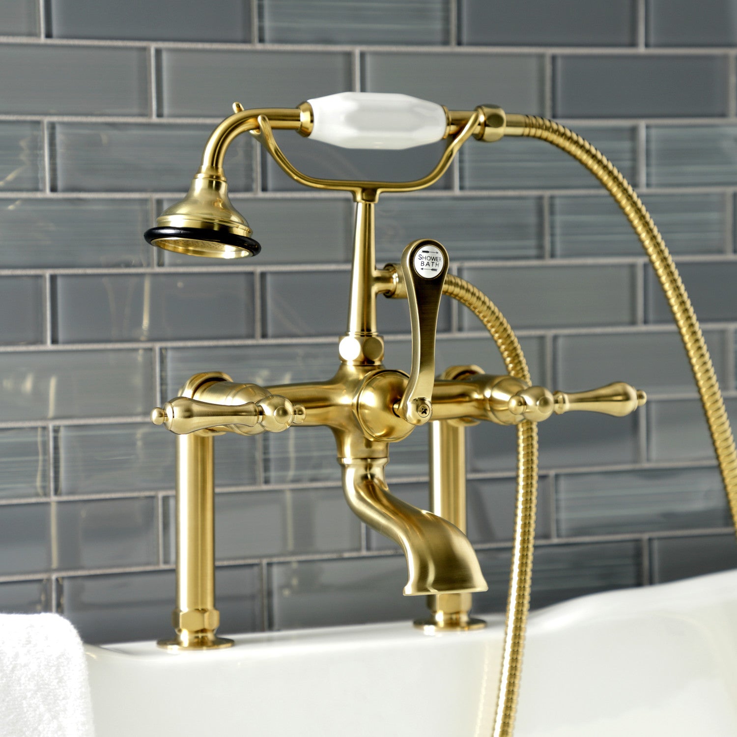 Vintage AE103T7 3-Handle 2-Hole Deck Mount Clawfoot Bathtub Faucet with Hand Shower in Brushed Brass - Perfect for Classic Bathroom Renovations & Luxury Spa Retreats