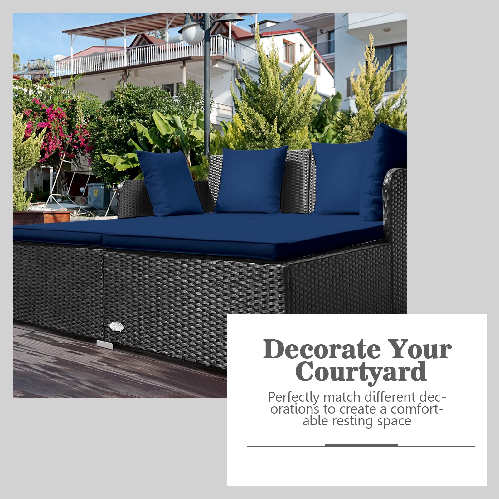 Outdoor Rattan Daybed with Comfortable Cushions & Pillows - Patio Loveseat Sofa Set with Metal Frame - Wicker Sunbed for Yard, Poolside, Garden, Porch or Living Room - Navy Blue - Perfect for Relaxing, Lounging & Sunbathing
