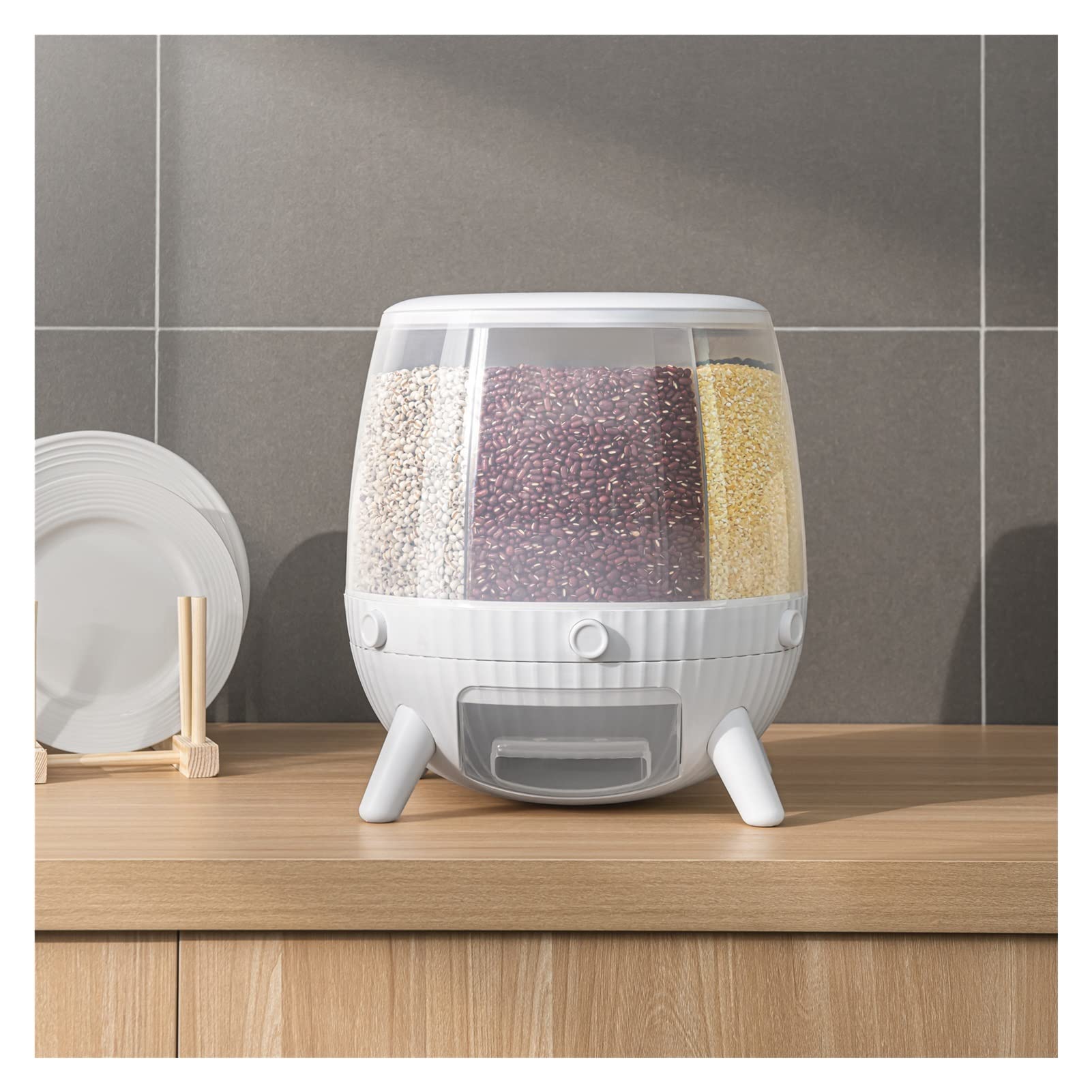 360° Rotating 6-Grid Rice Dispenser - Food Storage Container for Grains, Cereal, Snacks, Sugar, Candy & Coffee Beans | White Dry Food Organizer | Perfect for Kitchen, Pantry & Office Use