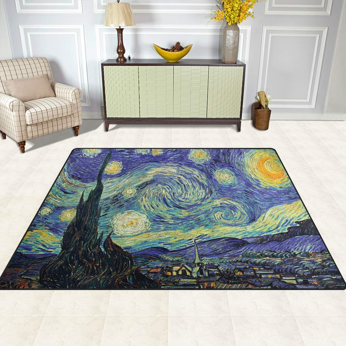 Van Gogh Starry Night Area Rug - 7' x 5' Non-Slip Oil Painting Inspired Living Room & Bedroom Rug - Perfect for Bohemian Decor & Artistic Home Décor