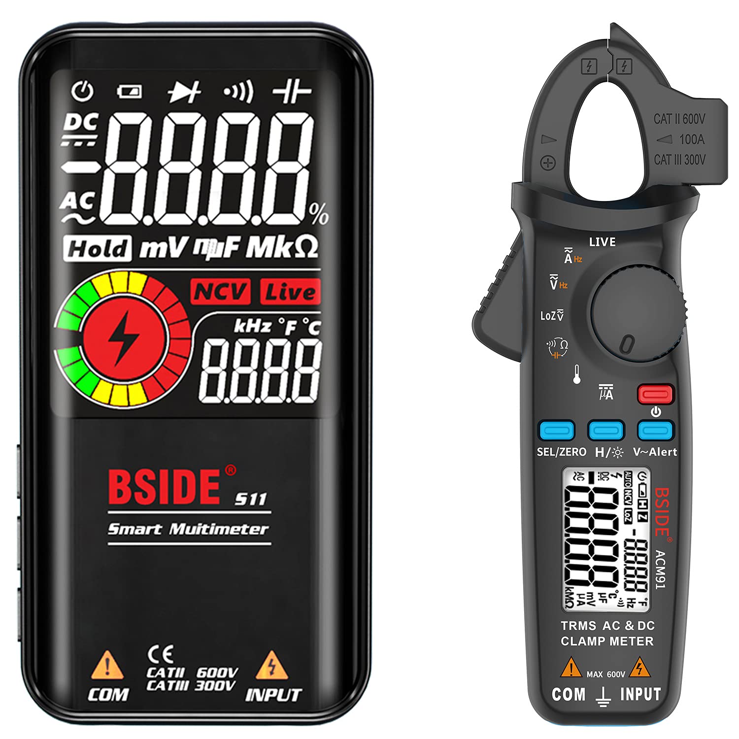 BSIDE Multimeter & ACM91 Clamp Meter Kit - Rechargeable Digital Multimeter with Color LCD Display, 1mA DC/AC Current Tester, Electrical Testing Tools for Home, Automotive & Industrial Use