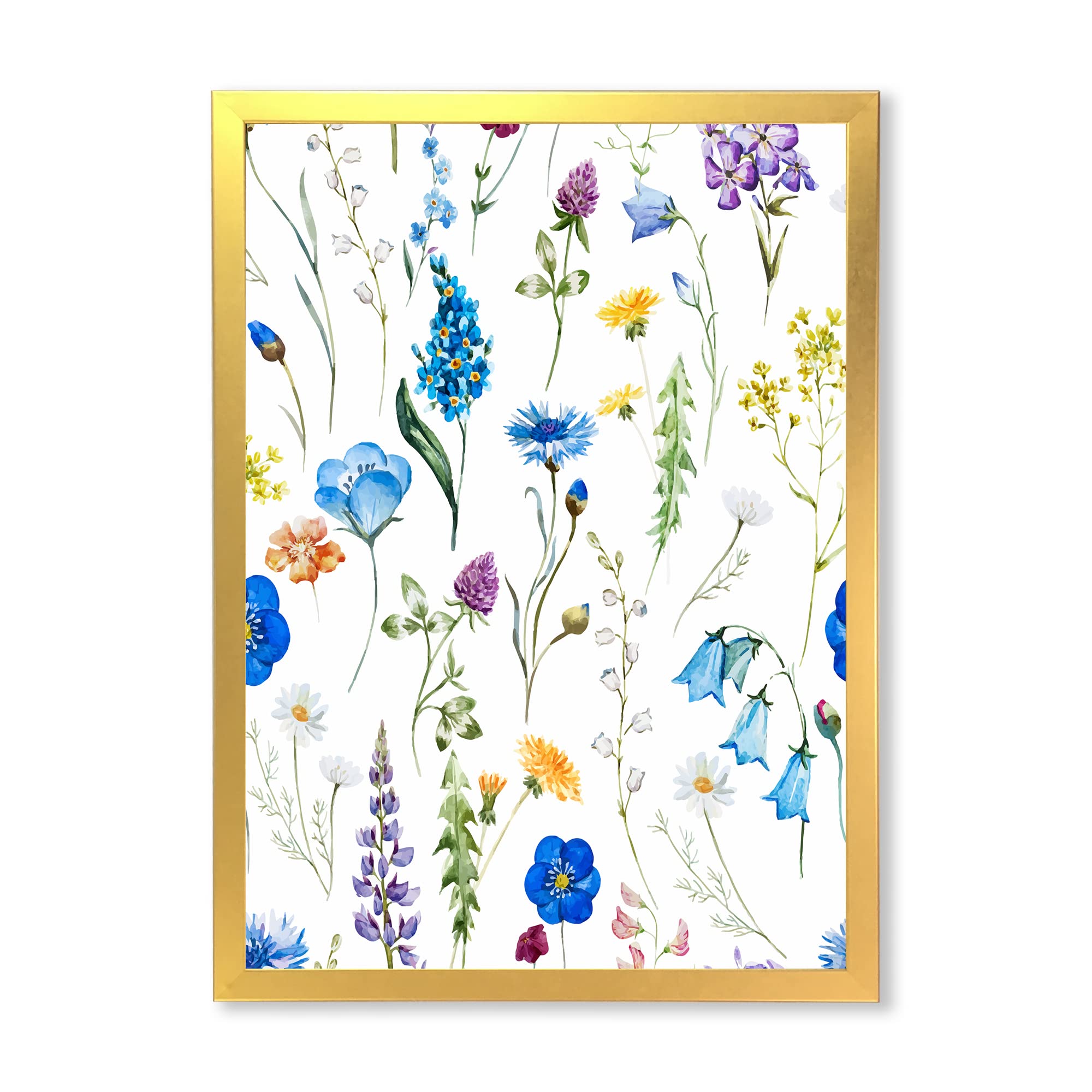 DesignQ Blue Wild Flowers Traditional Framed Wall Art - Hand-Painted Canvas Painting for Living Room, Bedroom & Office Decor
