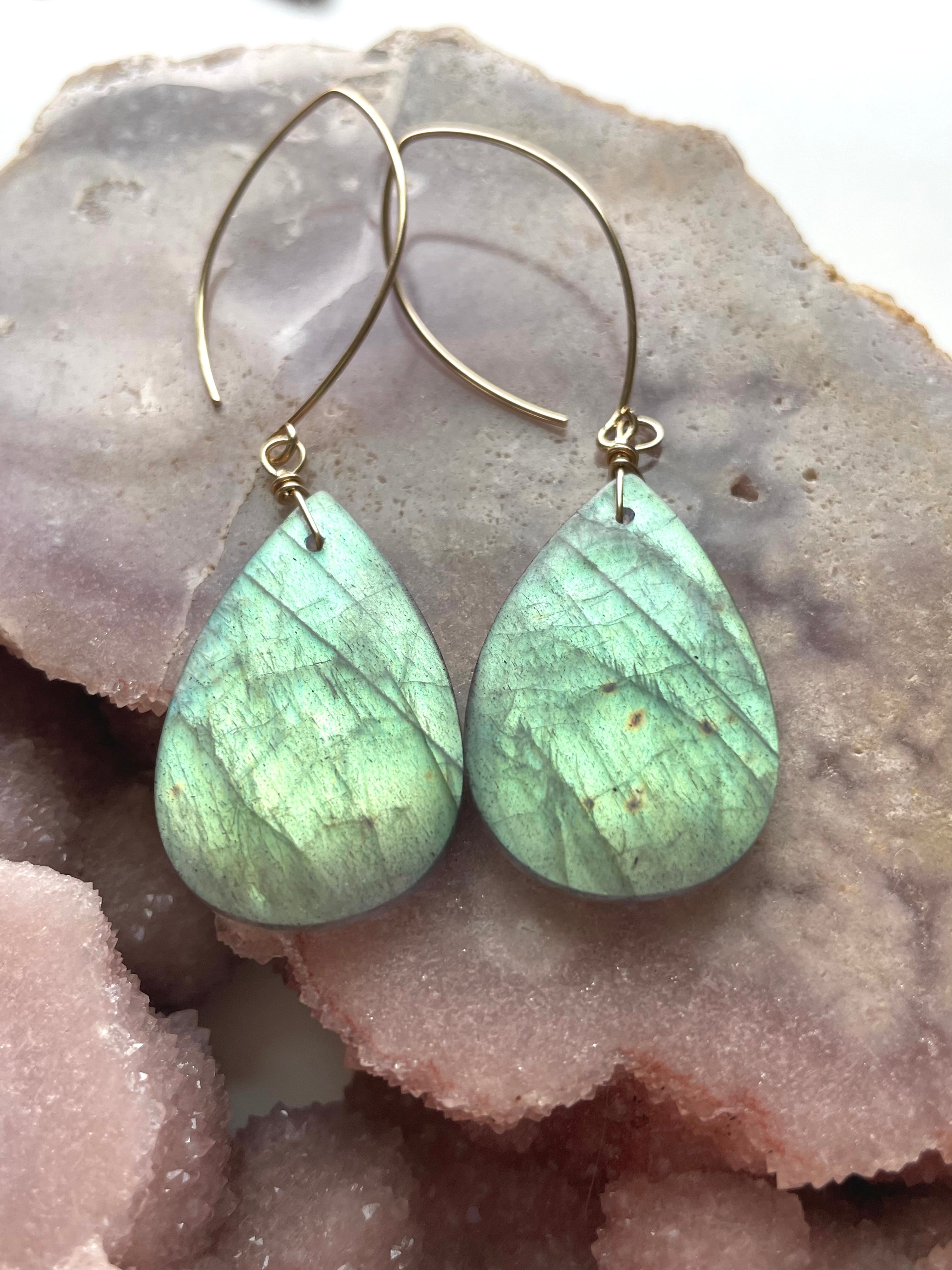 Labradorite Crystal Drop Earrings - 14K Gold Plated Dangle Earrings for Women | Elegant Boho Jewelry for Parties, Weddings & Everyday Wear