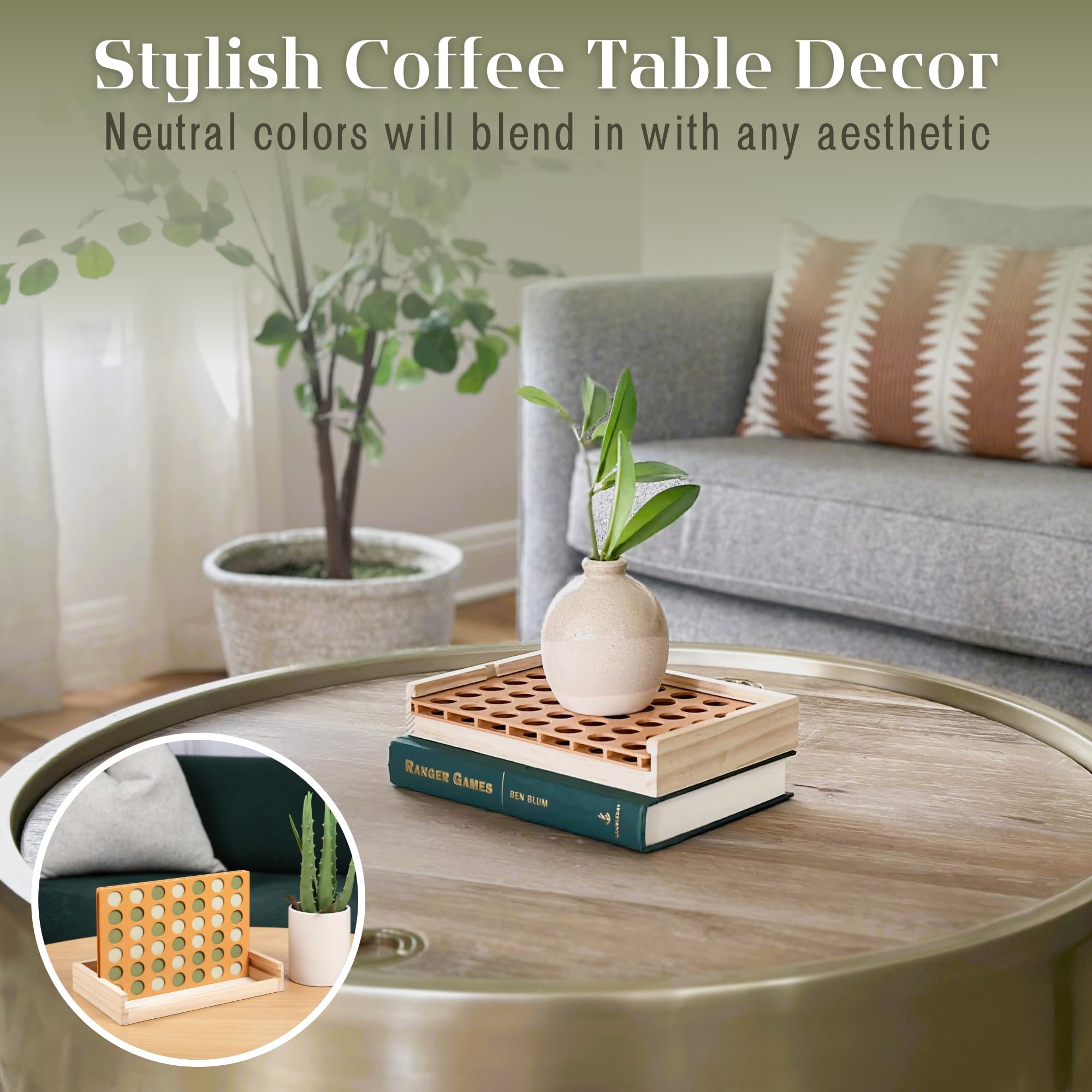Neutral Wooden Four in a Row Game - Classic Two Player Strategy Board Game for Kids & Adults | Montessori Travel Toy, Coffee Table Decor & Housewarming Gift | Perfect for Family Game Nights, Travel Entertainment & Home Décor