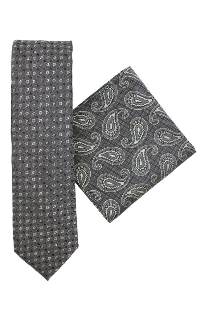 Premium Polyester Grey Paisley Necktie and Pocket Square Set for Men - Classic Style for Weddings, Business Meetings & Formal Events