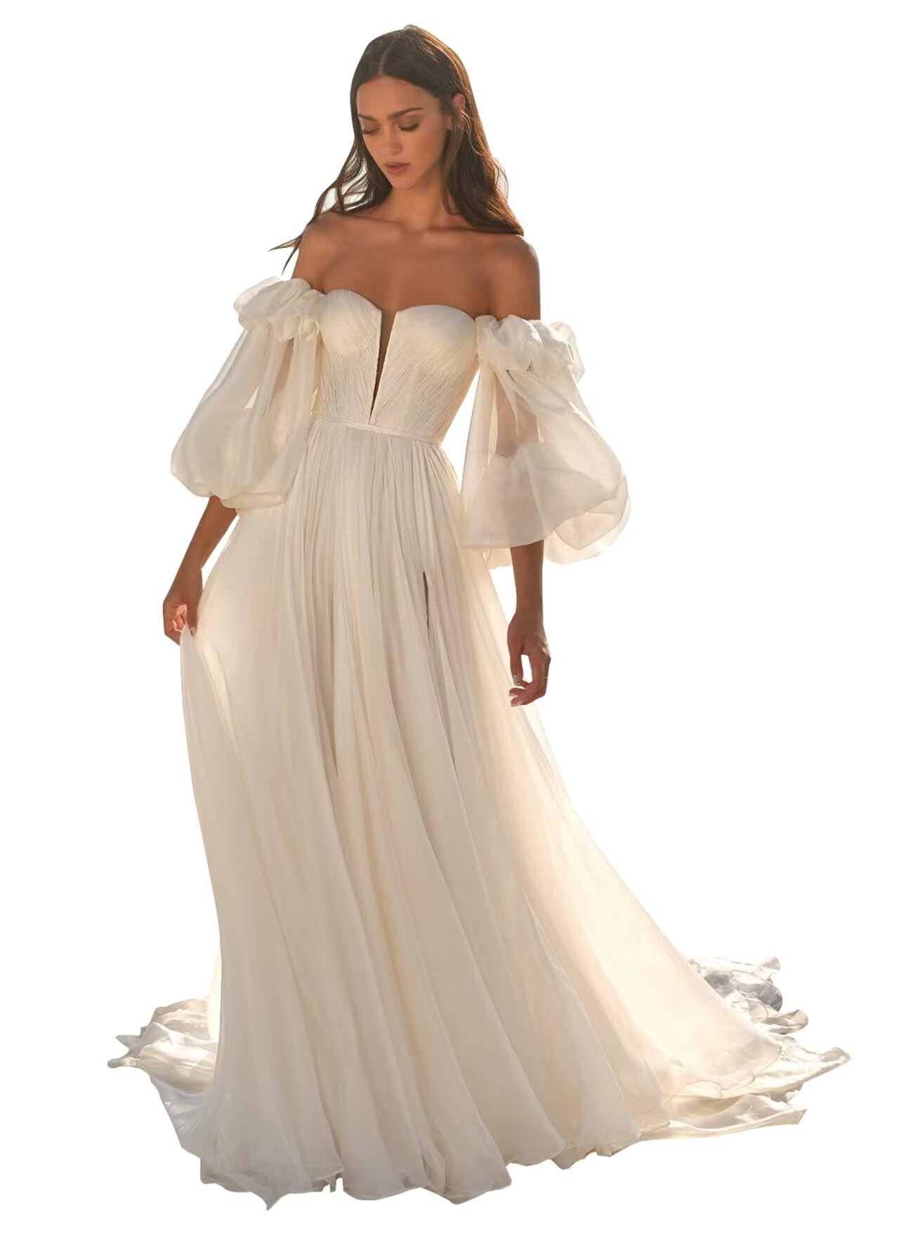 Elegant Off Shoulder Wedding Dresses with Puffy Sleeves & Train - Romantic Bridal Gowns for Women - Perfect for Beach, Church & Outdoor Ceremonies