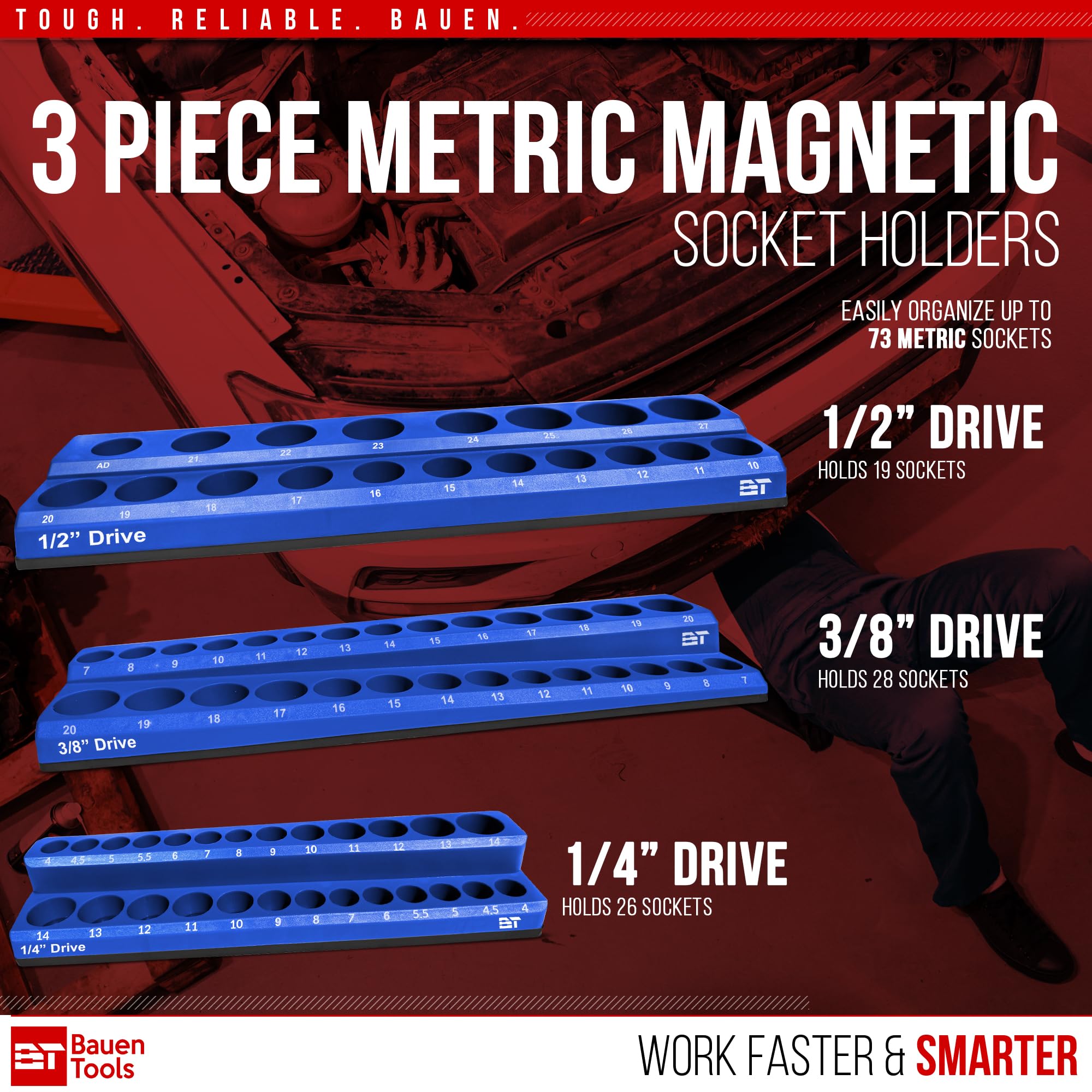 Professional Magnetic Socket Organizer Set - 3-Piece Metric & SAE Socket Holder with 1/2