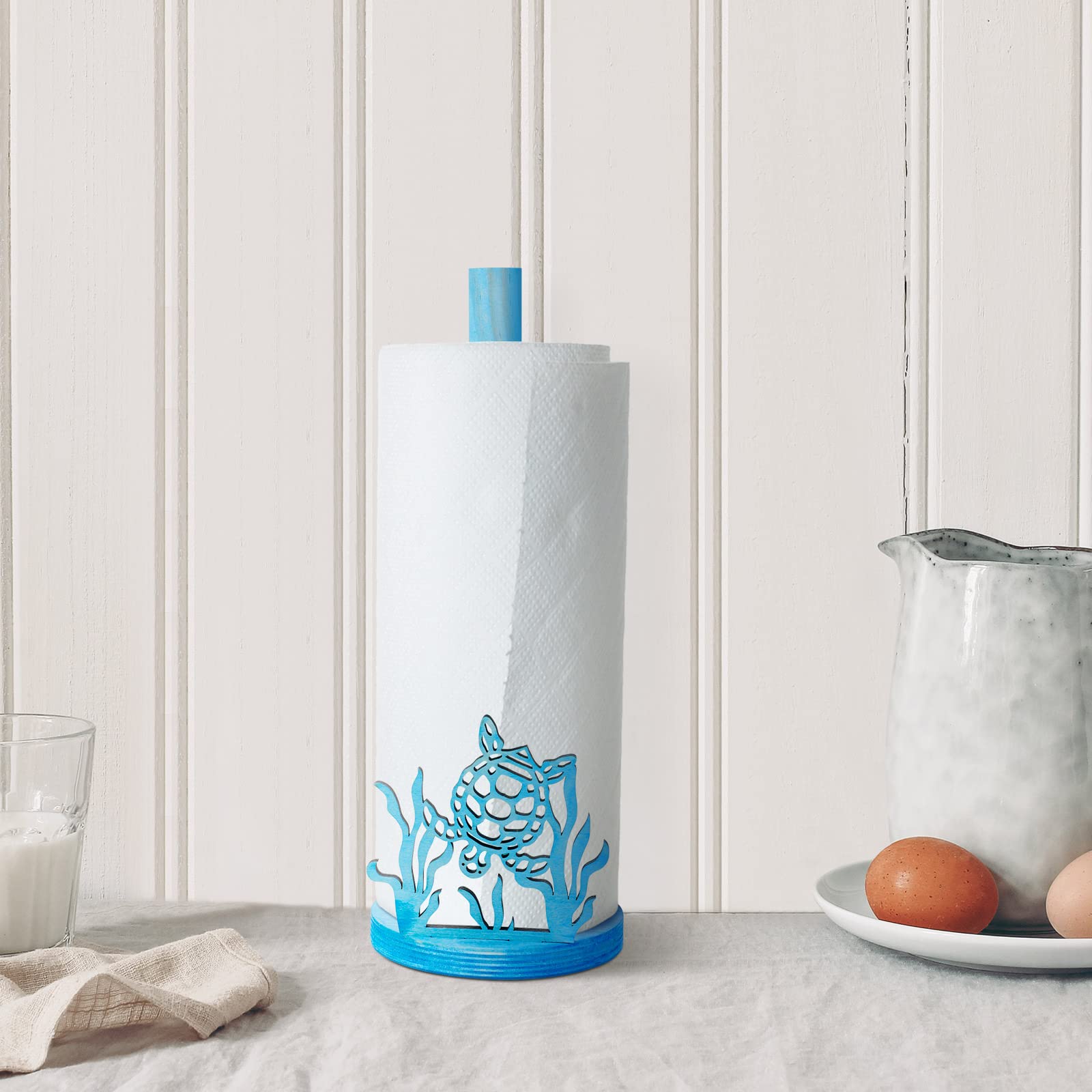 Wooden Sea Turtle Paper Towel Holder - Blue Nautical Decor for Kitchen & Bathroom
