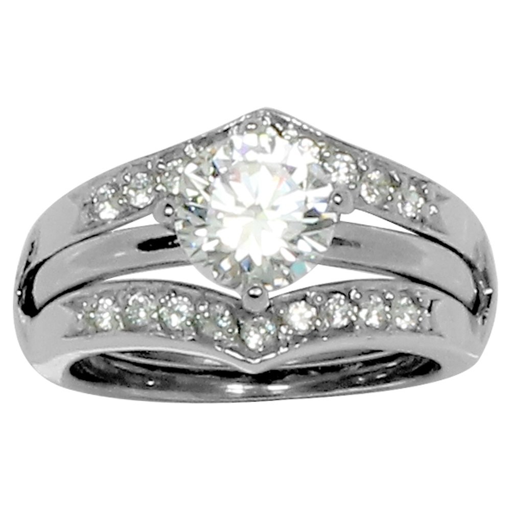 Stainless Steel Round Prong Set CZ Engagement Ring with 20 Accent Stones & Ring Guard - Perfect for Weddings, Proposals & Anniversary Gifts