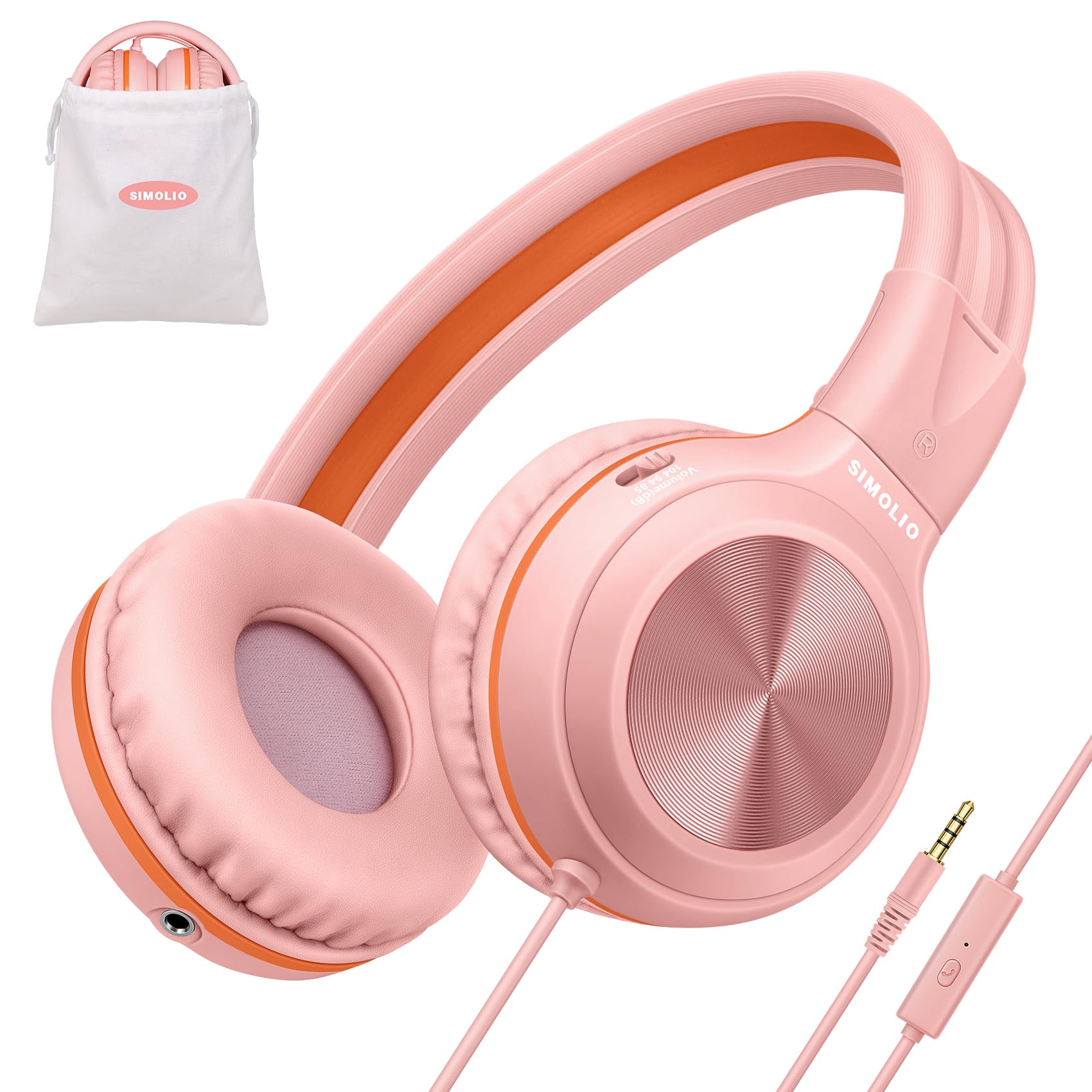 SIMOLIO Kids Wired Headphones with Microphone - Volume Limited (85dB/94dB/104dB) Foldable Lightweight Headset with Share Port & Carrying Bag for School, Travel, Home Use - Compatible with Cellphones, Tablets, Laptops & PCs