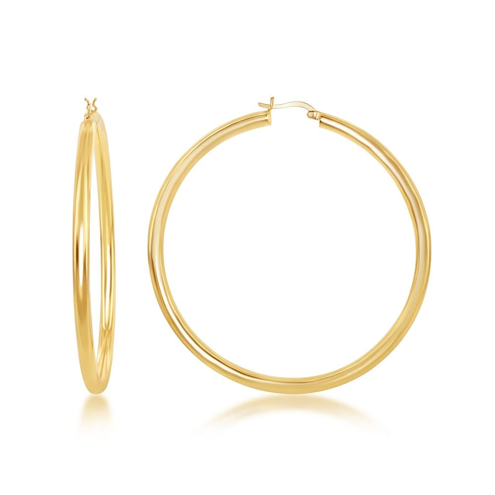 Gold Plated Sterling Silver High-Polish 4x70mm Large Classic Hoop Earrings for Women - Elegant Everyday & Party Jewelry Gift