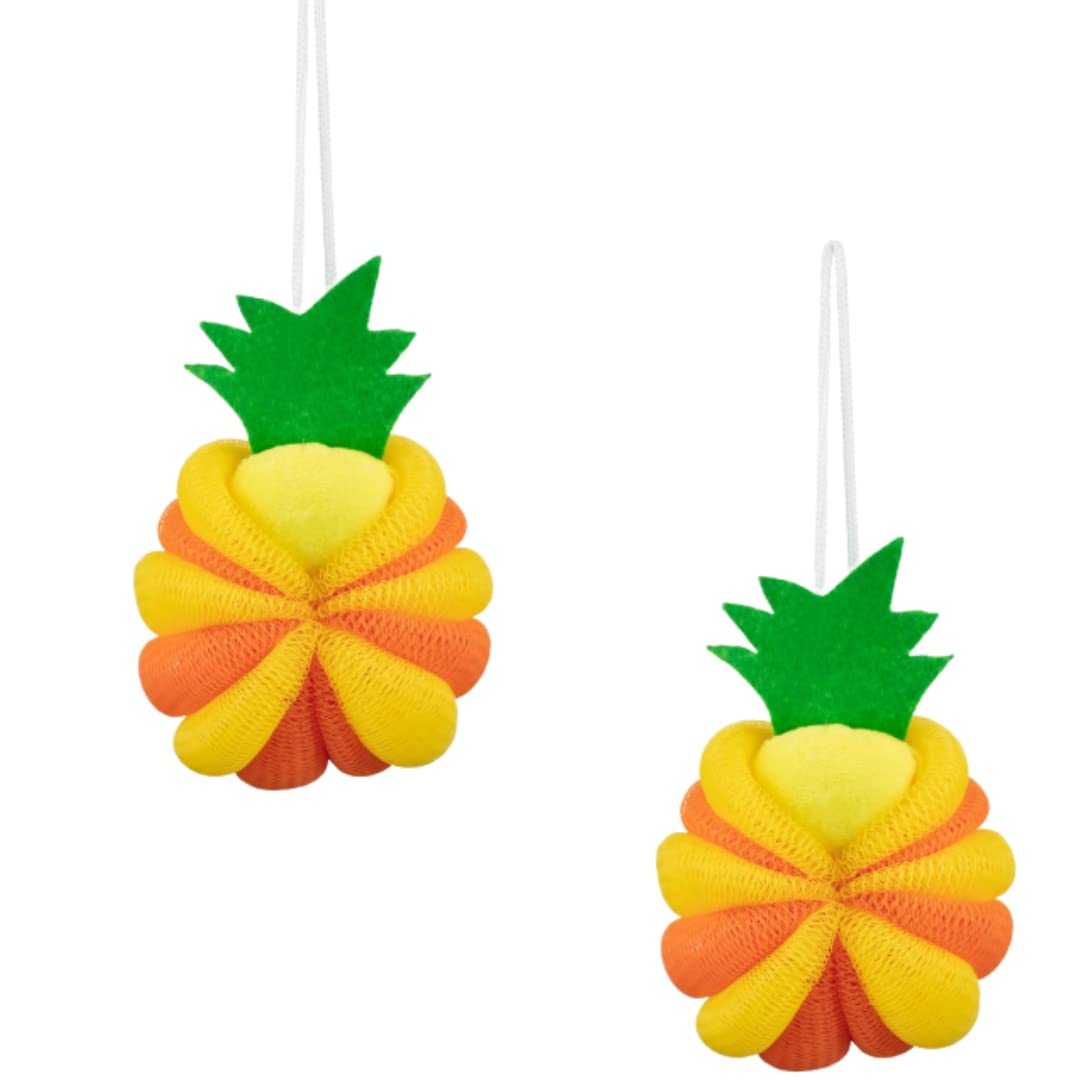 Pineapple Mesh Shower Sponge - 2Pcs Exfoliating Bath Sponge for Kids & Adults - Gentle Skin Cleansing & Body Scrubber for Men & Women - Perfect for Sensitive Skin & Spa Day at Home