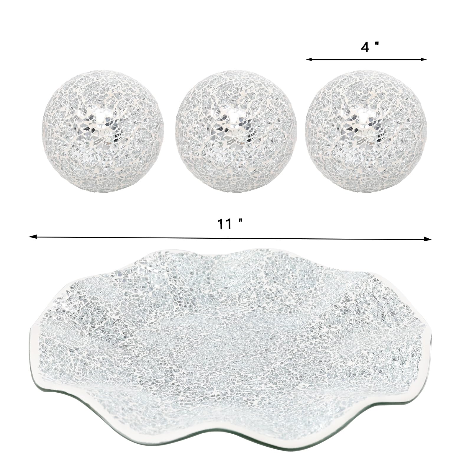 VCUTEKA 4 Inch Decorative Mosaic Glass Balls with Silver Bowl - Elegant Home Decor Centerpiece for Coffee Table, Wedding Party, Holiday Display | Perfect for Living Room, Dining Table, and Event Decorations