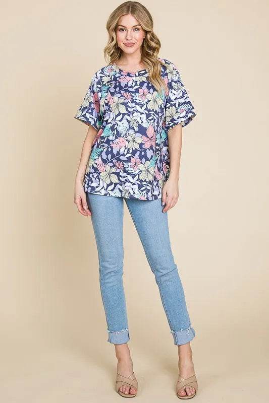 BOMBOM Women's Floral Print Round Neck Short Sleeve T-Shirt - Casual Summer Top for Outing, Beach, and Daily Wear