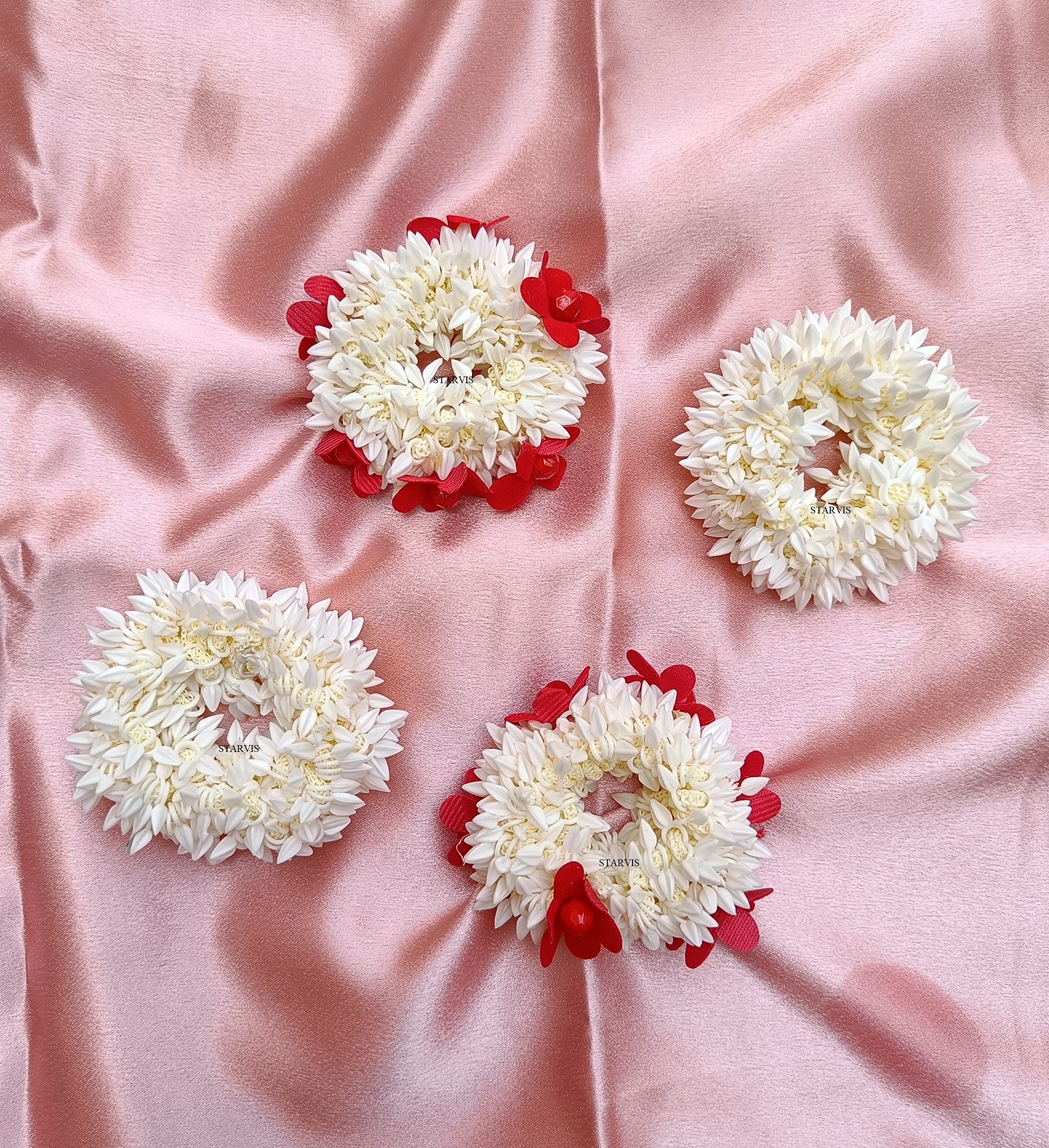 4-Piece Scented Mogra Gajra Hair Accessories Set with Red Rose & Plain Flowers - Women's Fake Artificial Hair Bun Scrunchies & Rubber Bands for Weddings, Parties & Traditional Occasions