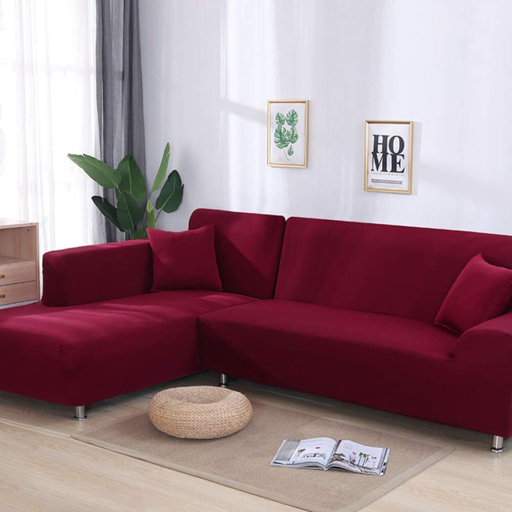 YURASIKU 2-Piece L-Shaped Sectional Sofa Cover Set - Stretchable Elastic Slipcover for Corner Couches, Burgundy Red - Perfect for Living Room, Family Room & Home Theater Furniture Protection