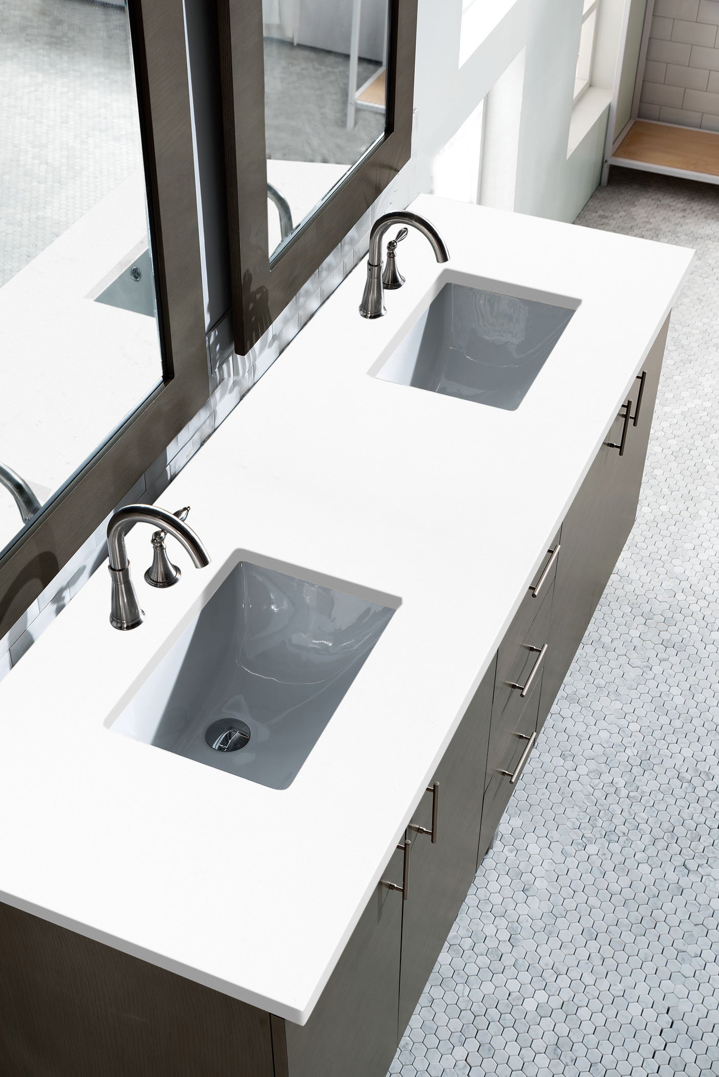 Metropolitan 72 Inch Double Bathroom Vanity with Silver Oak Finish & 3CM Classic White Quartz Countertop - Perfect for Master Bathroom Renovation & Modern Home Decor