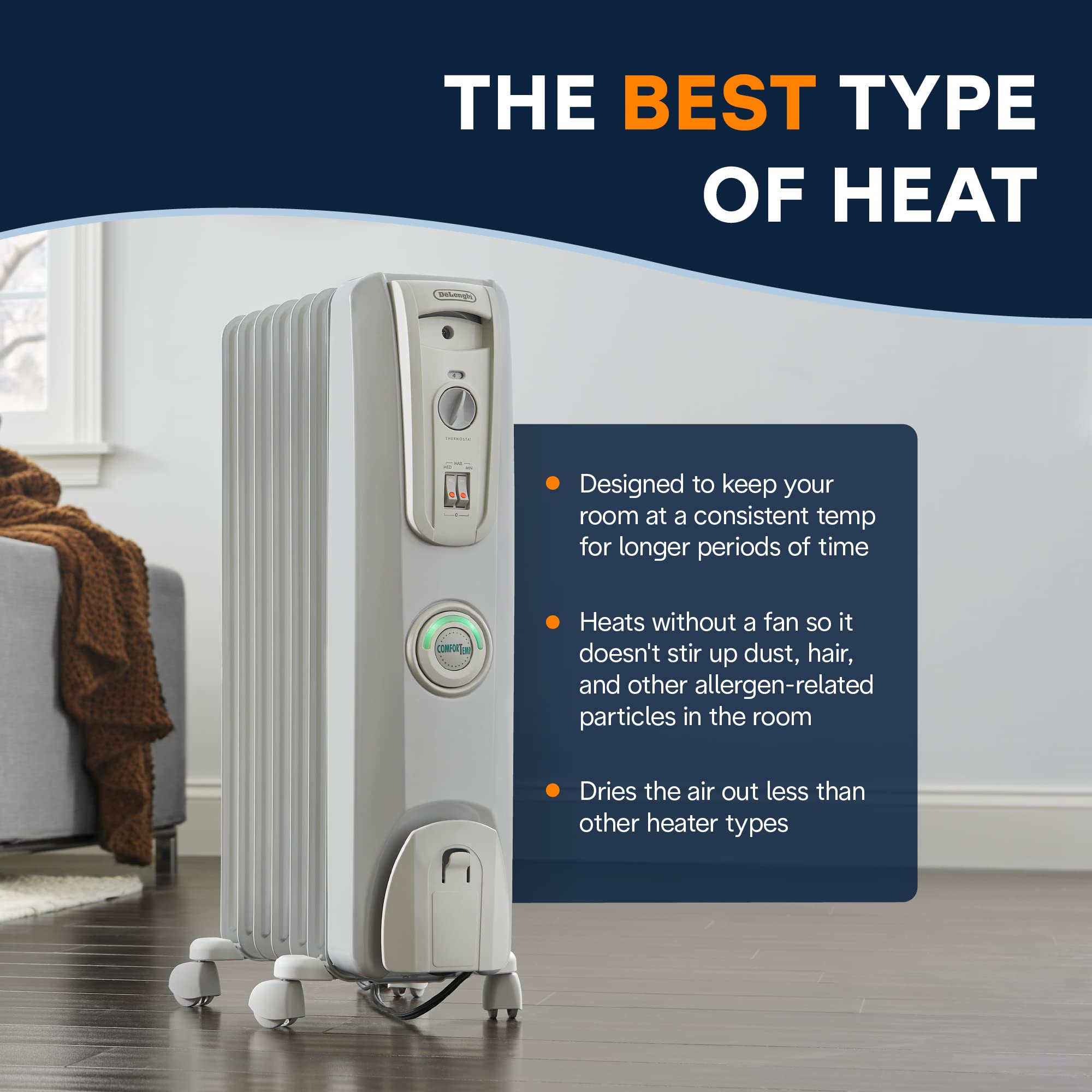 De'Longhi EW7707CM 1500W Oil Filled Radiator Heater - Energy Efficient Portable Space Heater for Indoor Use in Bedroom, Office & Living Room with Safety Features | Quiet Heating Solution for Winter & Cold Weather