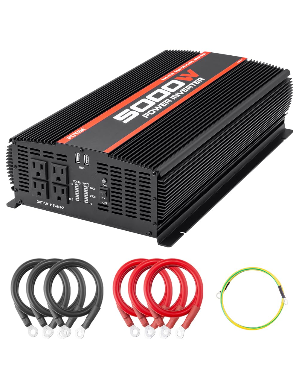 POTEK 5000W Power Inverter - 12V DC to 110V AC Converter with 4 AC Outlets & 2 USB Ports for Car, RV, Truck, Boat - Heavy Duty Black Power Inverter for Camping, Road Trips, Emergency Backup Power