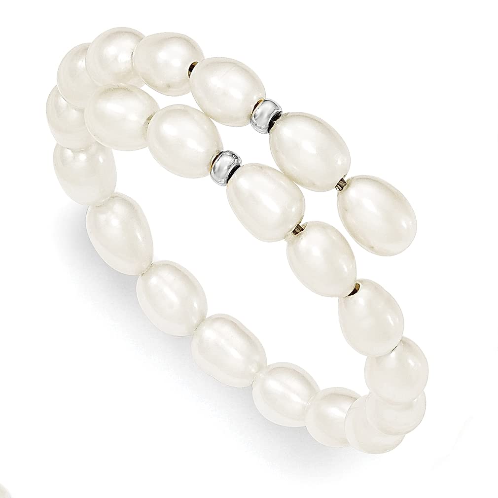 925 Sterling Silver Rhodium Plated 8mm White Rice Freshwater Pearl Adjustable Bracelet - 7.5 Inch Bangle for Women - Elegant Fine Jewelry Gift for Her - Perfect for Weddings, Anniversaries & Special Occasions