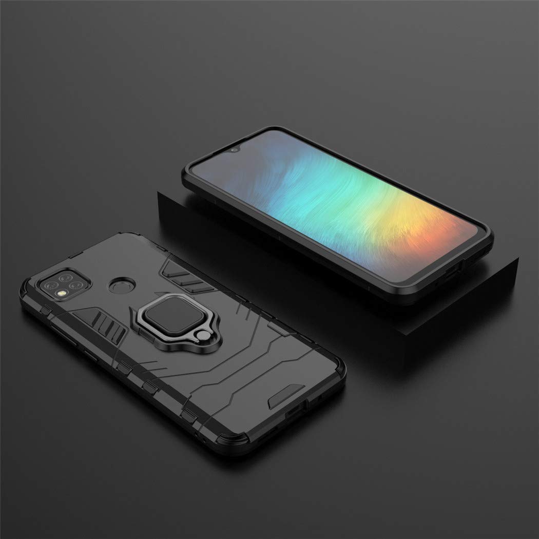 Shockproof Hard Bumper Case for Xiaomi Redmi 9C & 10A - Metal Ring Grip & Kickstand | Magnetic Car Mount Compatible | Dual Layer Rugged Protective Cover (Black) - Perfect for Outdoor Activities & Daily Use