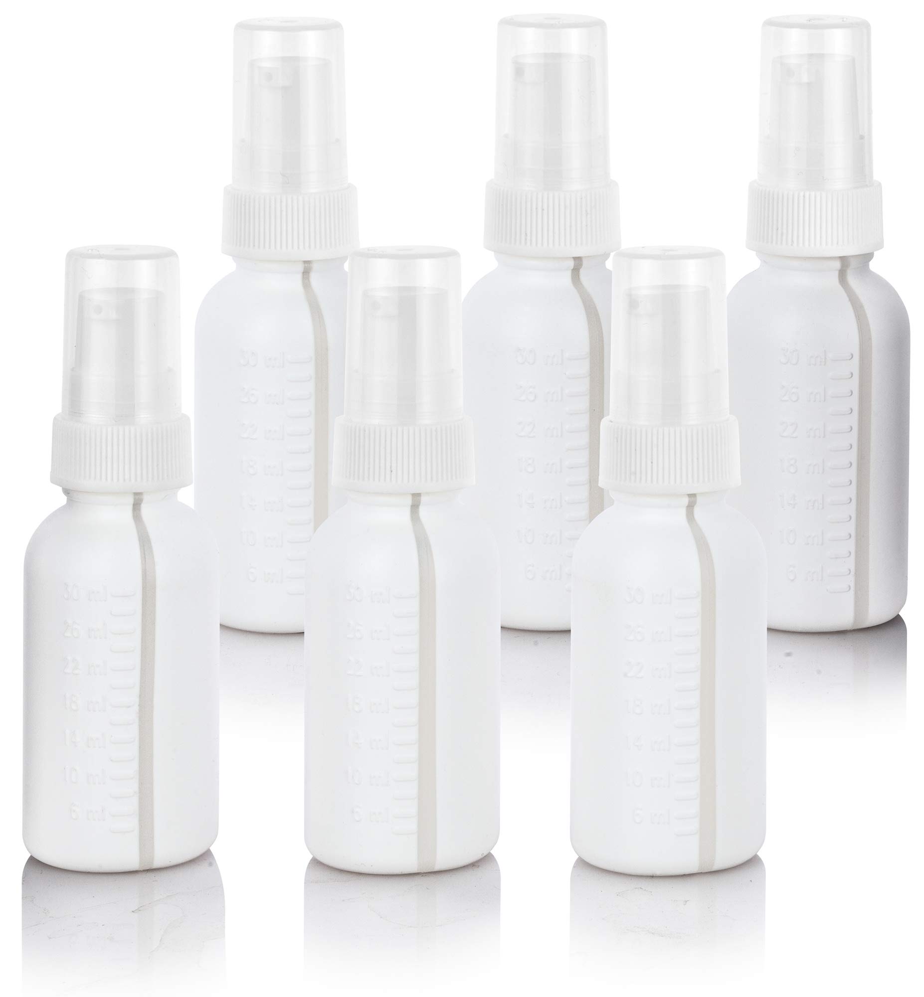 1 oz / 30 ml White Graduated Plastic HDPE Boston Round Bottles with White Treatment Pump (6 Pack) - Perfect for Essential Oils, Lotions, and DIY Skincare Products