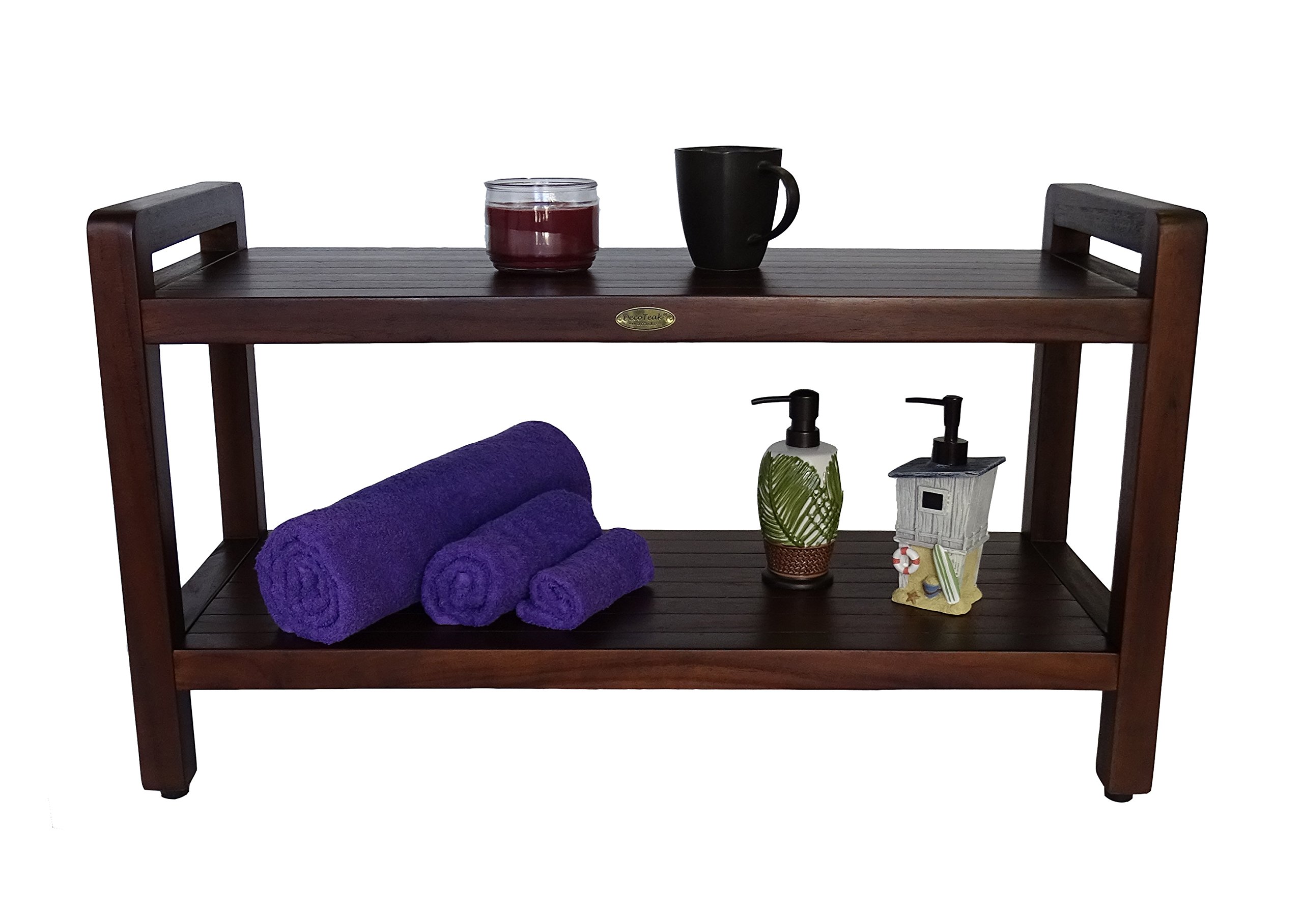 DecoTeak Eleganto 35 Inch Waterproof Teak Wood Shower Bench with Lift Aid Arms - Bathroom Stool Seat & Storage Shelf for Safety & Organization | Perfect for Elderly, Disabled & Spa Showers