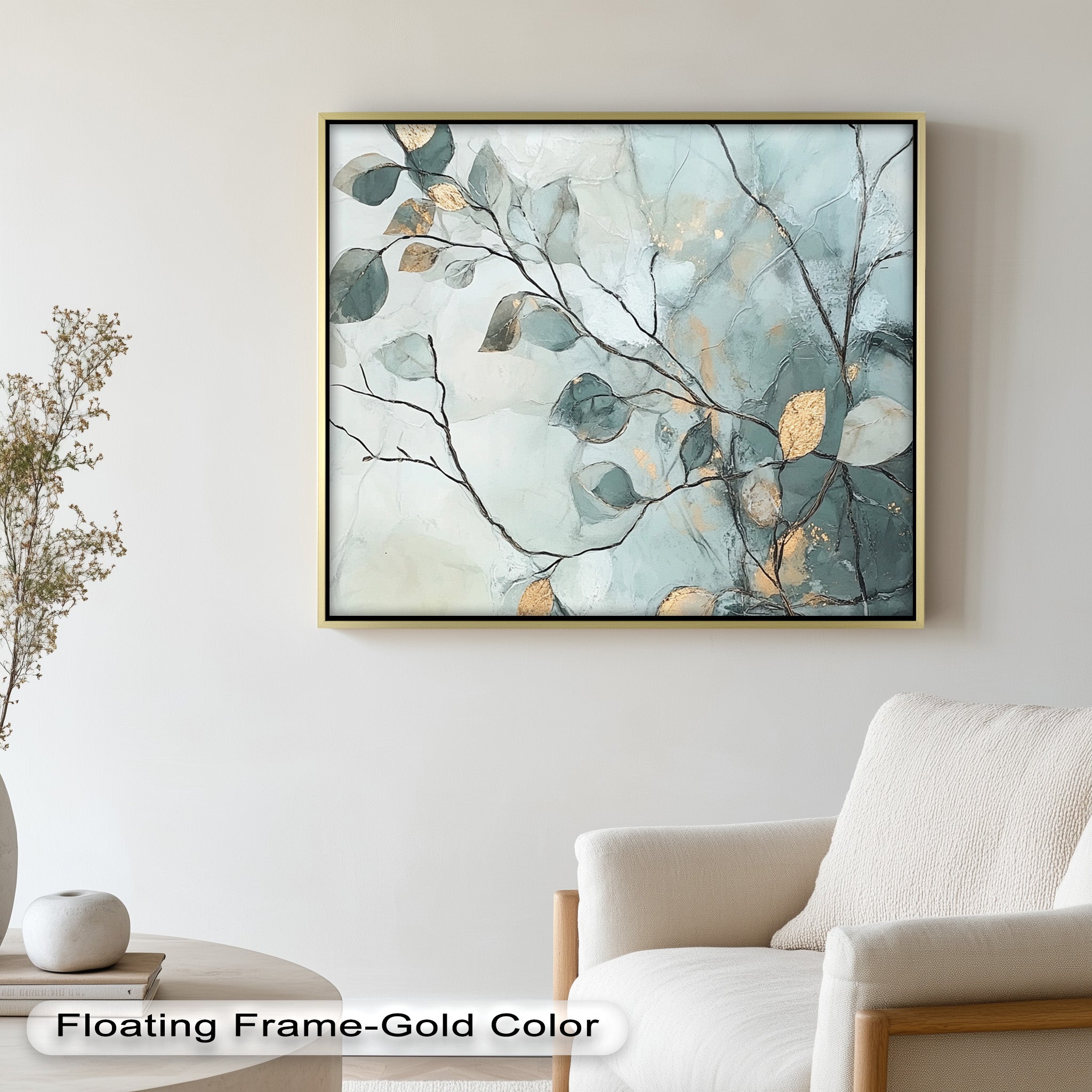 Blue and Metallic Leaf Branch Abstract Oil Painting - Handmade Canvas Wall Art for Living Room, Bedroom & Office Decor