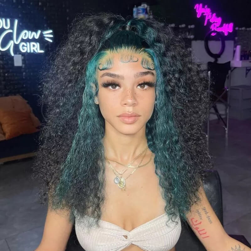 Eullair Curly Human Hair Wig with Green Highlights - Transparent Lace Frontal Wig for Black Women | Natural Look for Parties, Cosplay & Daily Wear