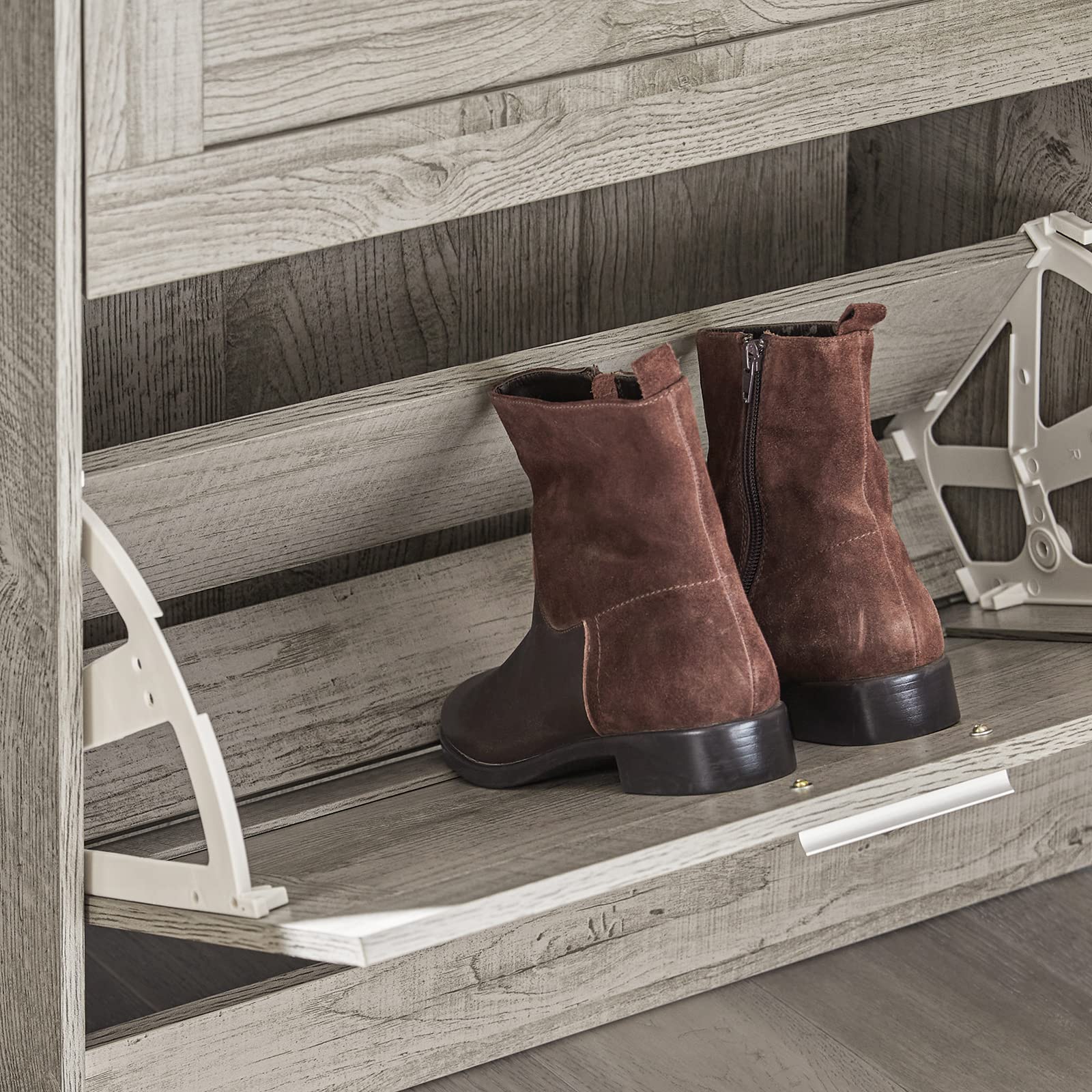 Haotian Slim Shoe Cabinet - Space Saving Entryway Shoe Rack Organizer with 4 Tiers, Grey (FSR137-HG) - Perfect for Small Apartments, Hallways & Closet Storage Solutions