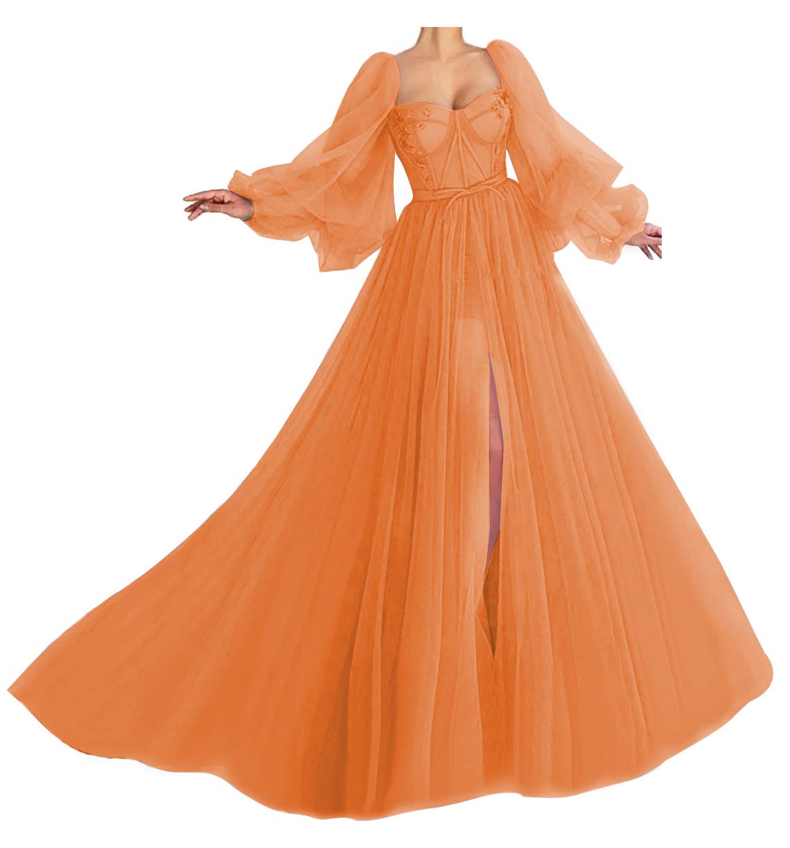 Elegant Orange Tulle Prom Dress with Long Sleeves & Corset - Women's Puffy Ball Gown Princess Dress for Formal Events, Weddings & Special Occasions