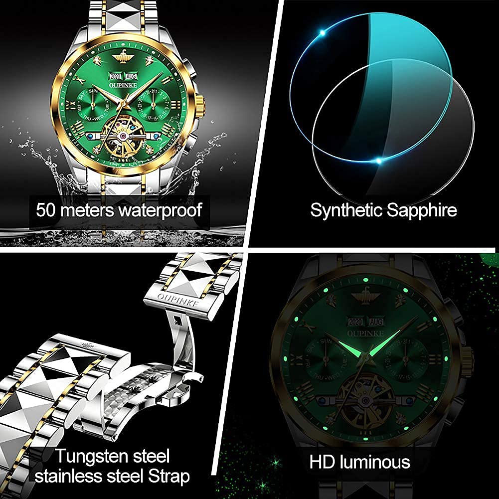 OUPINKE Men's Luxury Automatic Skeleton Watch with Diamond Accents - Self-Winding Mechanical Dress Watch - Sapphire Crystal & Tungsten Case - Perfect for Business, Formal Events & Gifting