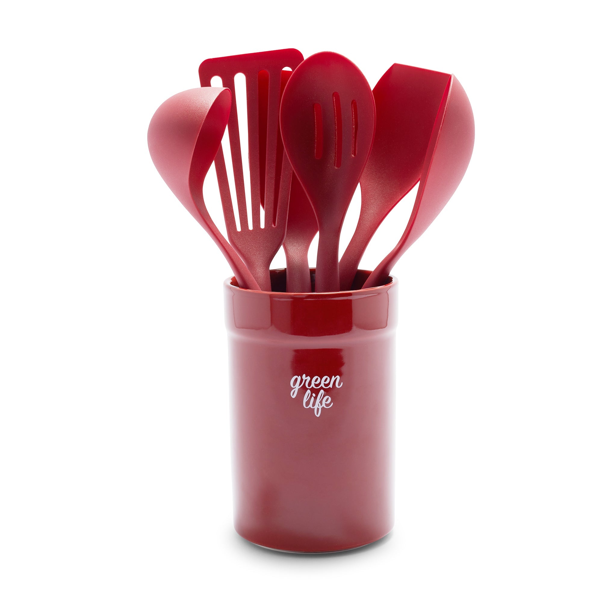 GreenLife Non-Toxic Nylon & Wooden Cooking Utensil Set with Ceramic Holder - 7 Piece Kitchen Tools for Sauteing, Stirring & Serving - BPA-Free & Heat-Resistant (Red) - Perfect for Home Chefs & Healthy Cooking
