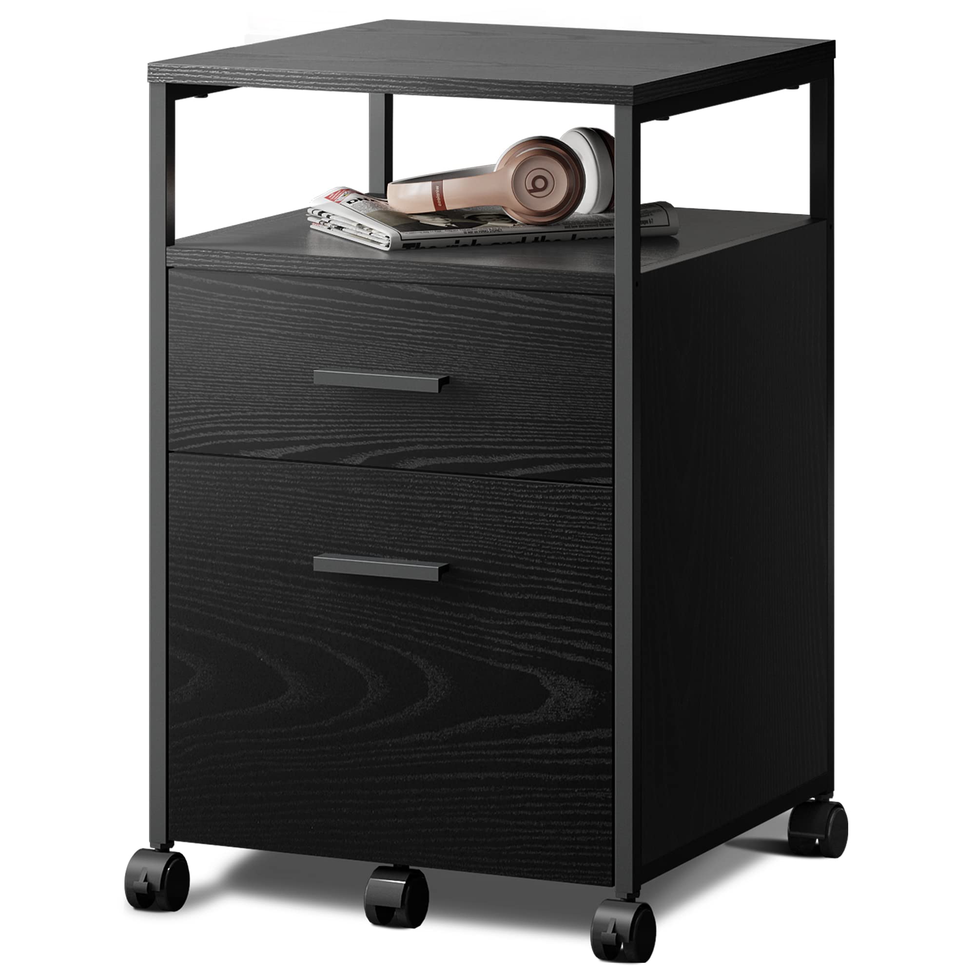 DEVAISE 2 Drawer File Cabinet with Wheels - Mobile Printer Stand with Open Storage Shelf - Wooden Filing Cabinet for A4 & Letter Size Documents - Home Office Organization - Black (Perfect for Small Spaces & Workspace Storage)