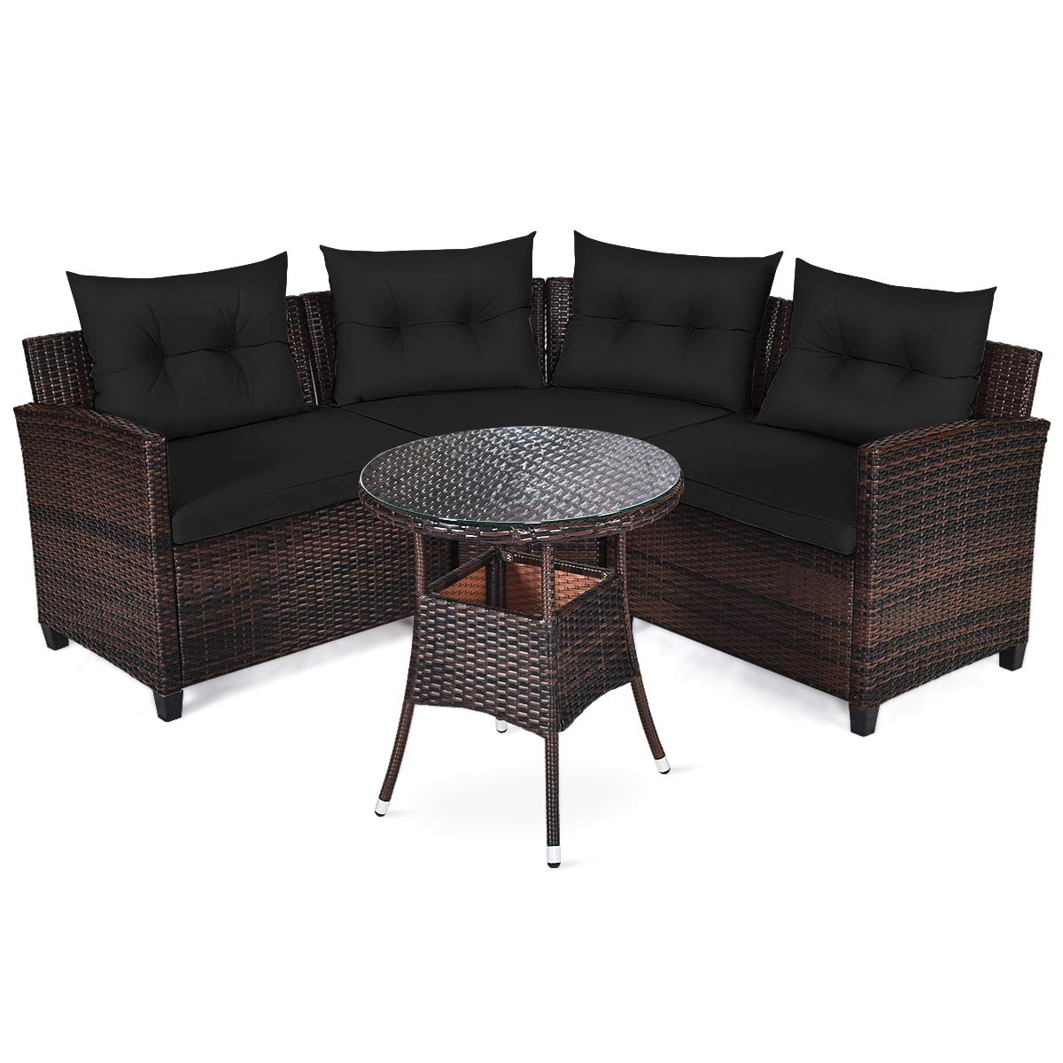 Tangkula 4-Piece Outdoor Patio Furniture Set - Modern C-Shape Wicker Sectional Sofa with Cushions & Glass Coffee Table, Rattan Conversation Set for Garden, Poolside, Balcony, Deck (Black) - Perfect for Relaxing, Entertaining & Outdoor Lounging