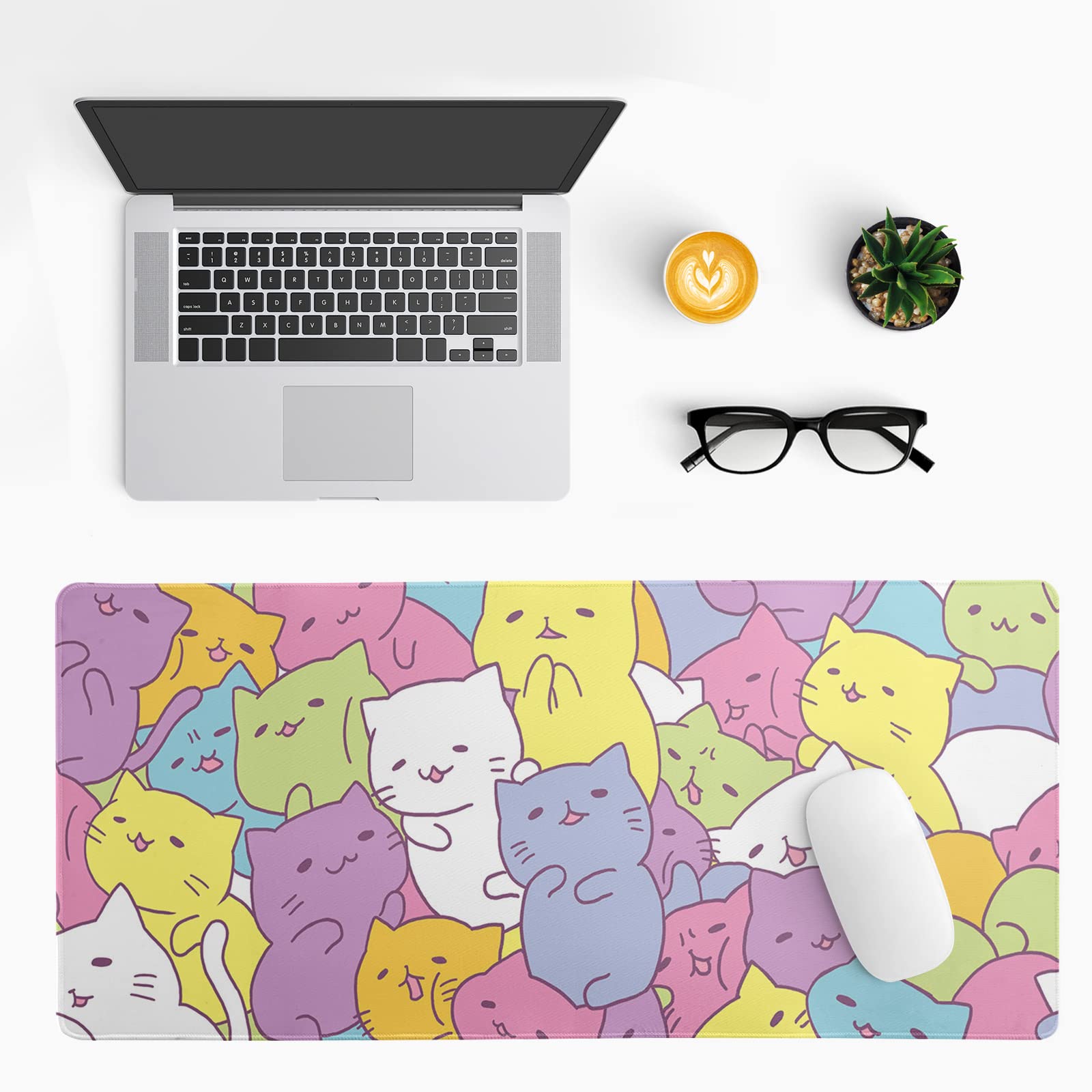Cute Kawaii Cat Gaming Mouse Pad - Extra Large Non-Slip Rubber Base Desk Mat for Computer Keyboard & Mouse (31.5